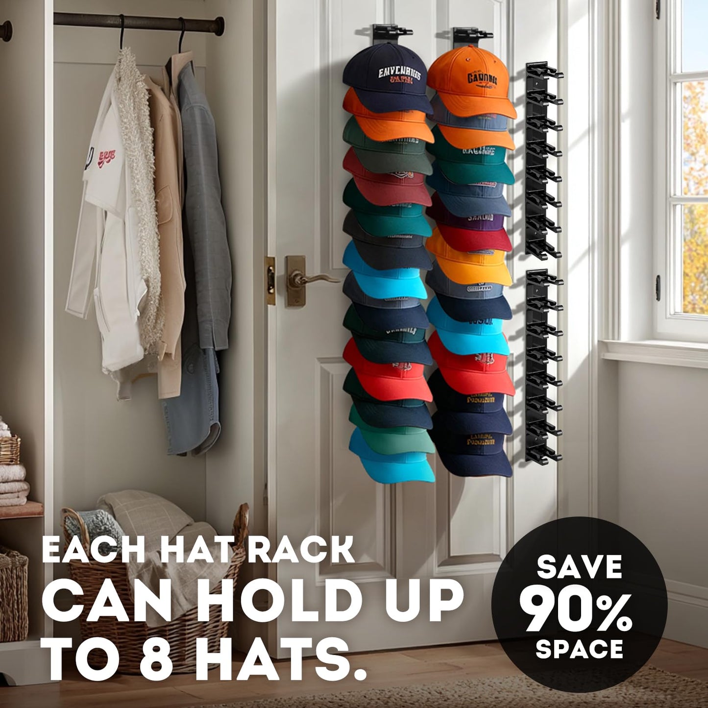 Hat Hook for Wall, 2 Pack Hat Organizer Hold up to 20 Hats,Hat Holder with Strong Adhesive and 8 Pack Screws, Cap Holder Hat Hangers for Wall Closet Door and Bedroom(B-Black) BST220
