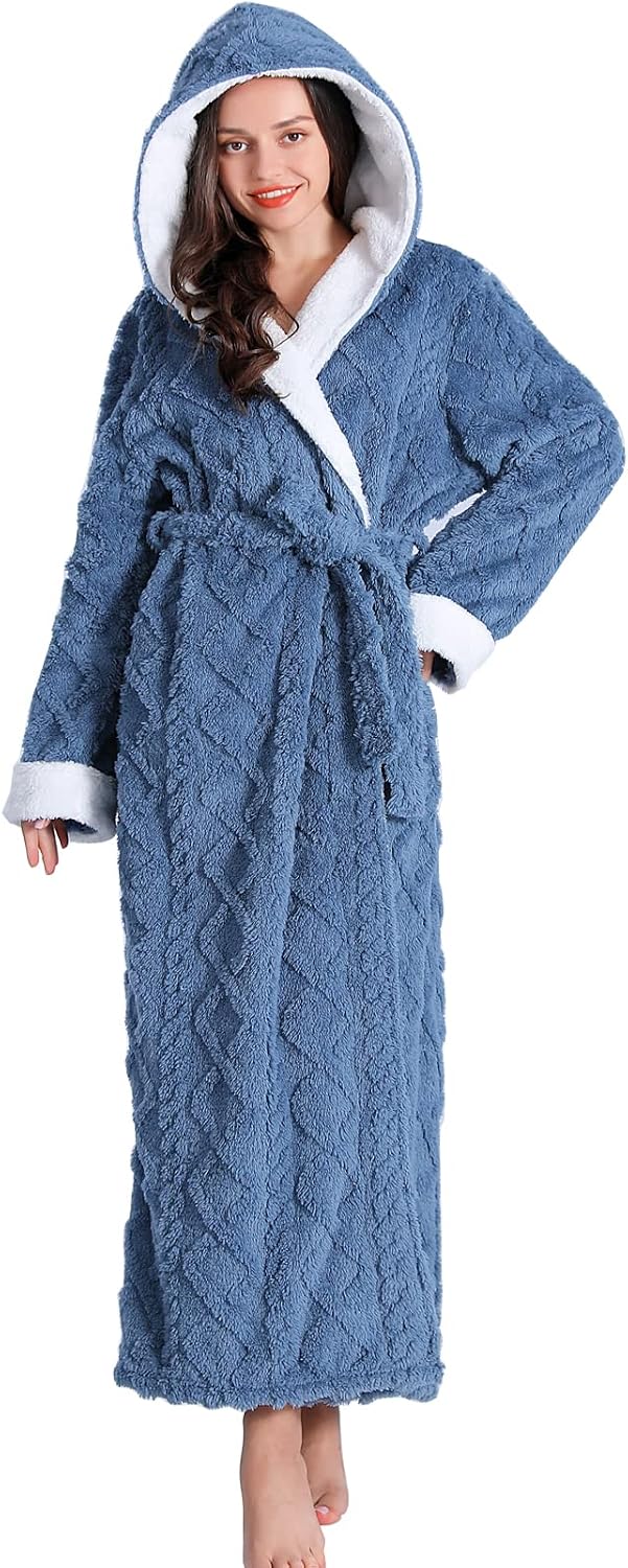 LKG women's robes long plush hooded ladies shower luxury christmas warm fuzzy robes house coat bathrobe for women full length WN420