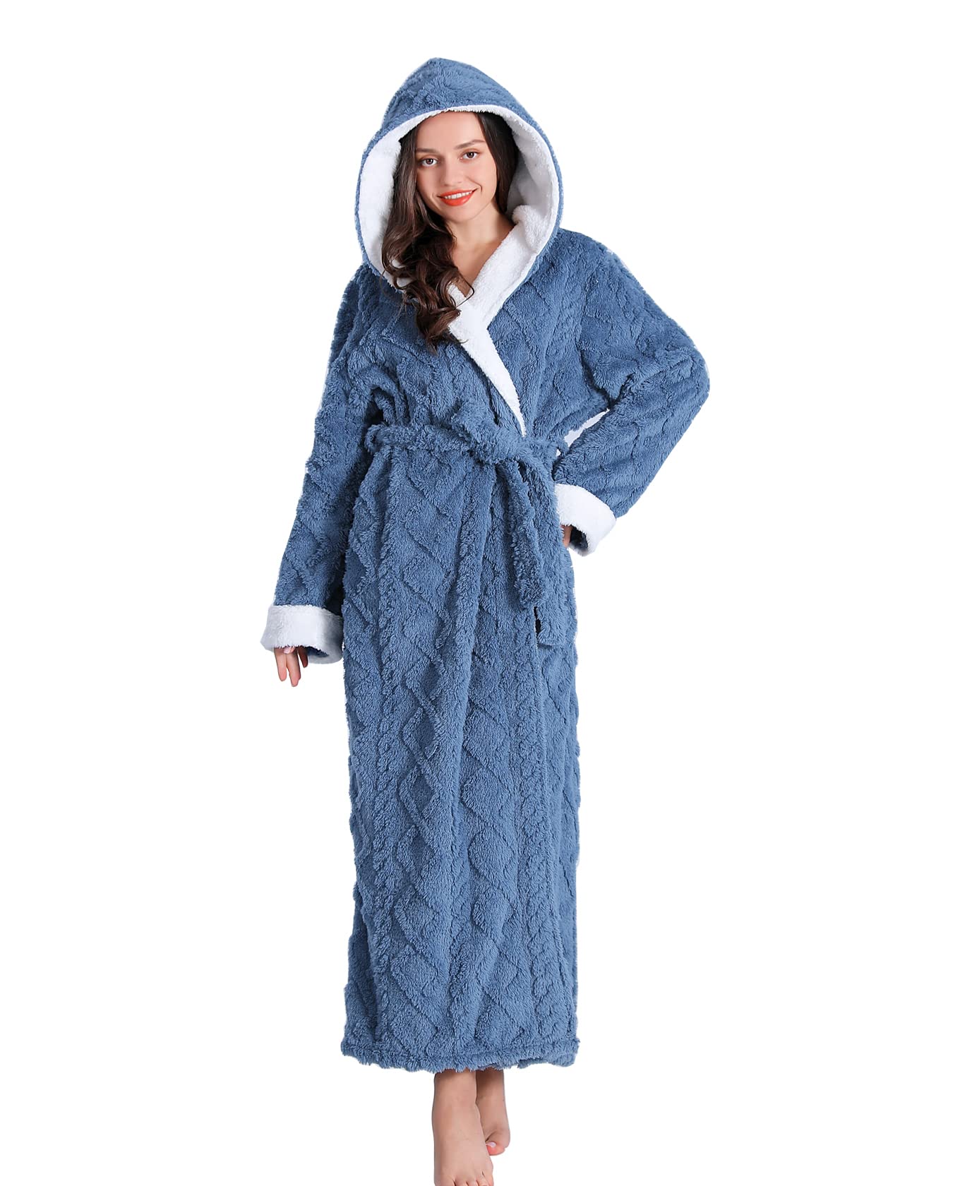 LKG women's robes long plush hooded ladies shower luxury christmas warm fuzzy robes house coat bathrobe for women full length WN420
