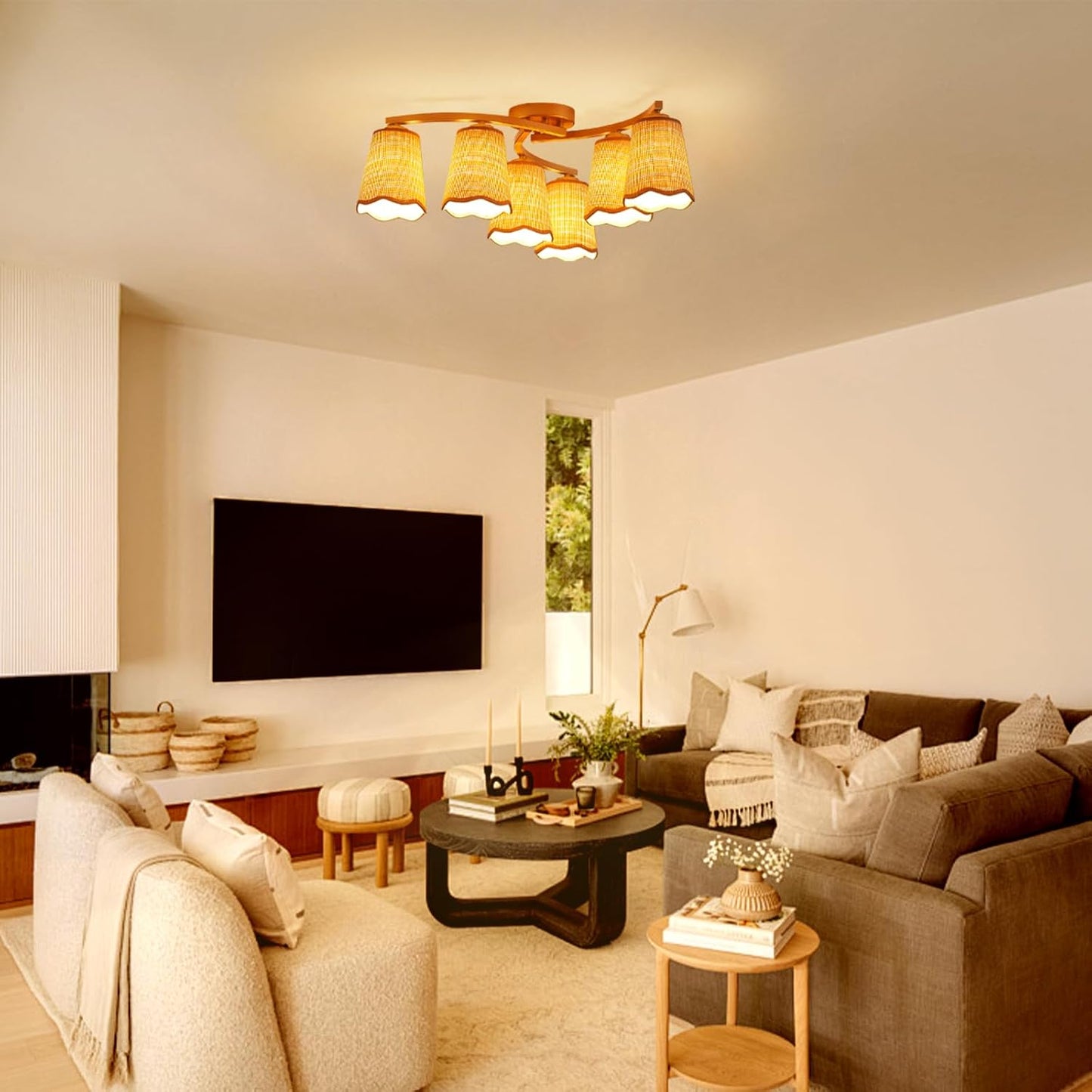 XINGQI 22.8" Boho Rattan Chandelier 6 Lights Rustic Farmhouse Semi Flush Mount Ceiling LightIing Fixture Woven Fabric with Gold Meatl Lampbody for Kitchen Island Bedroom Dining Room WN420