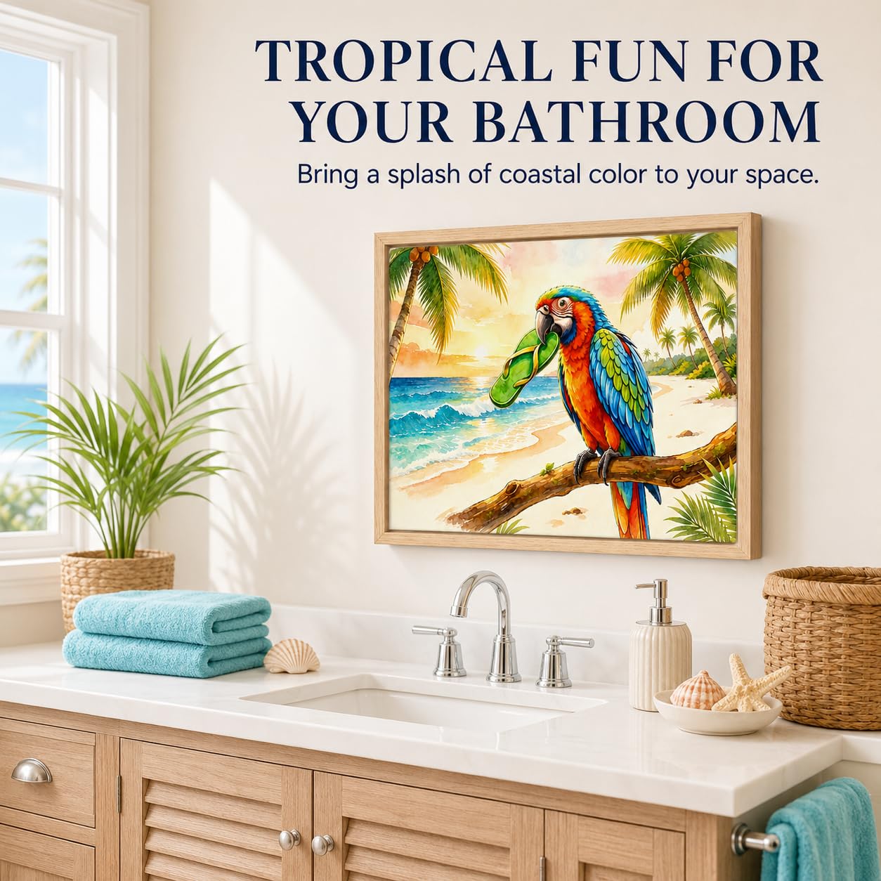 Framed Funny Parrot Bathroom Wall Art Cute Cockatiel Whimsical Canvas Print | Cute Bird Painting Natural Wood Frame Whimsical Animal Picture Playful Wall Decor for Bathroom Kids Room Nursery12x16Inche BST326H