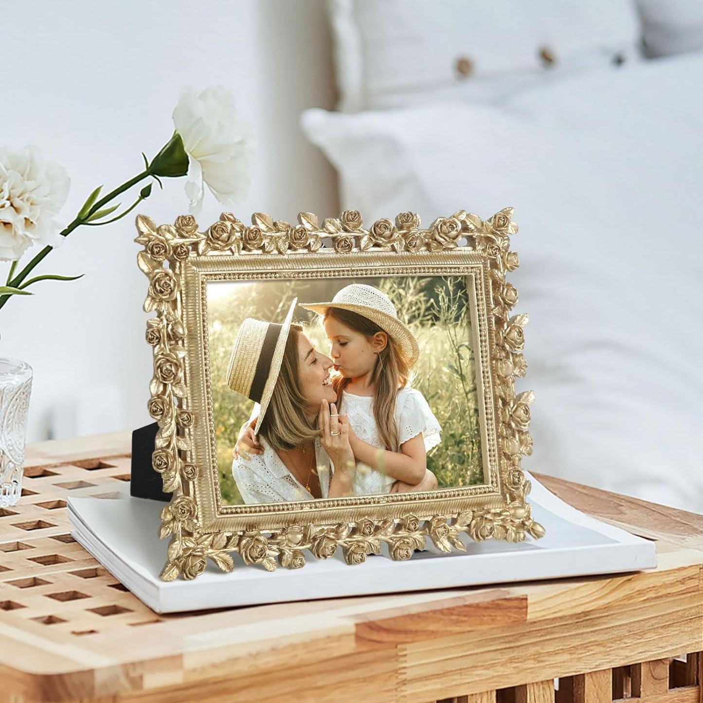 5x7 Wedding Picture Frame Gold,2 Pack Small Frame for Gallery Decor | Durable Resin Material,Tabletop & Wall Display,Real Glass,Rose Floral Design,Antique Brass Finish,Wedding Arrangement Decor BST326H