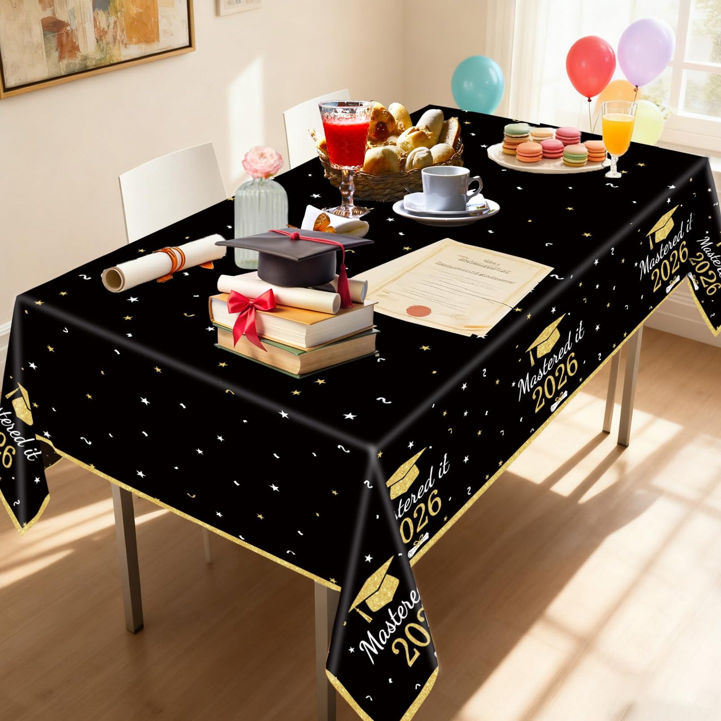 3PCS Mastered It Graduation Tablecloth Black Gold Congrats Grad Table Cover Plastic Master's Graduation Party Supplies for Class of 2026 Master College Disposable Decorations WN420