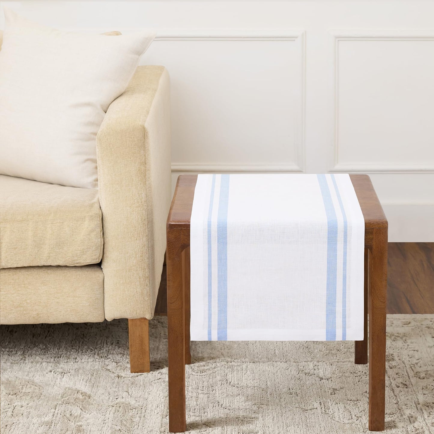 Solino Home 100% Pure Linen Table Runner, 14 x 60 in, Black, French Stripe | Table Runners for dining, hallway and console tables | woven stripe, mitered corners | Black and White | OEKO-TEX Certified BST326SOLH