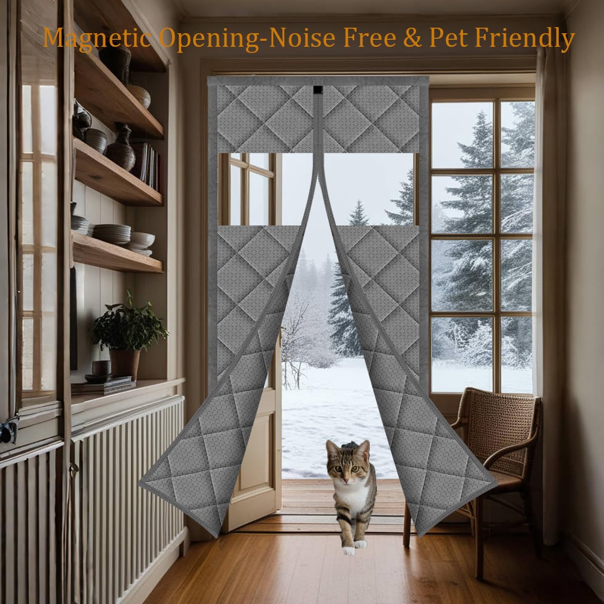 Thermal Door Curtain Fits Doors Size 38"x80"，Curtain Size 41"x82", Magnetic Insulated Curtain Side Open Keep Warm in Winter Cool in Summer,Diamond Pattern,Gray WN420
