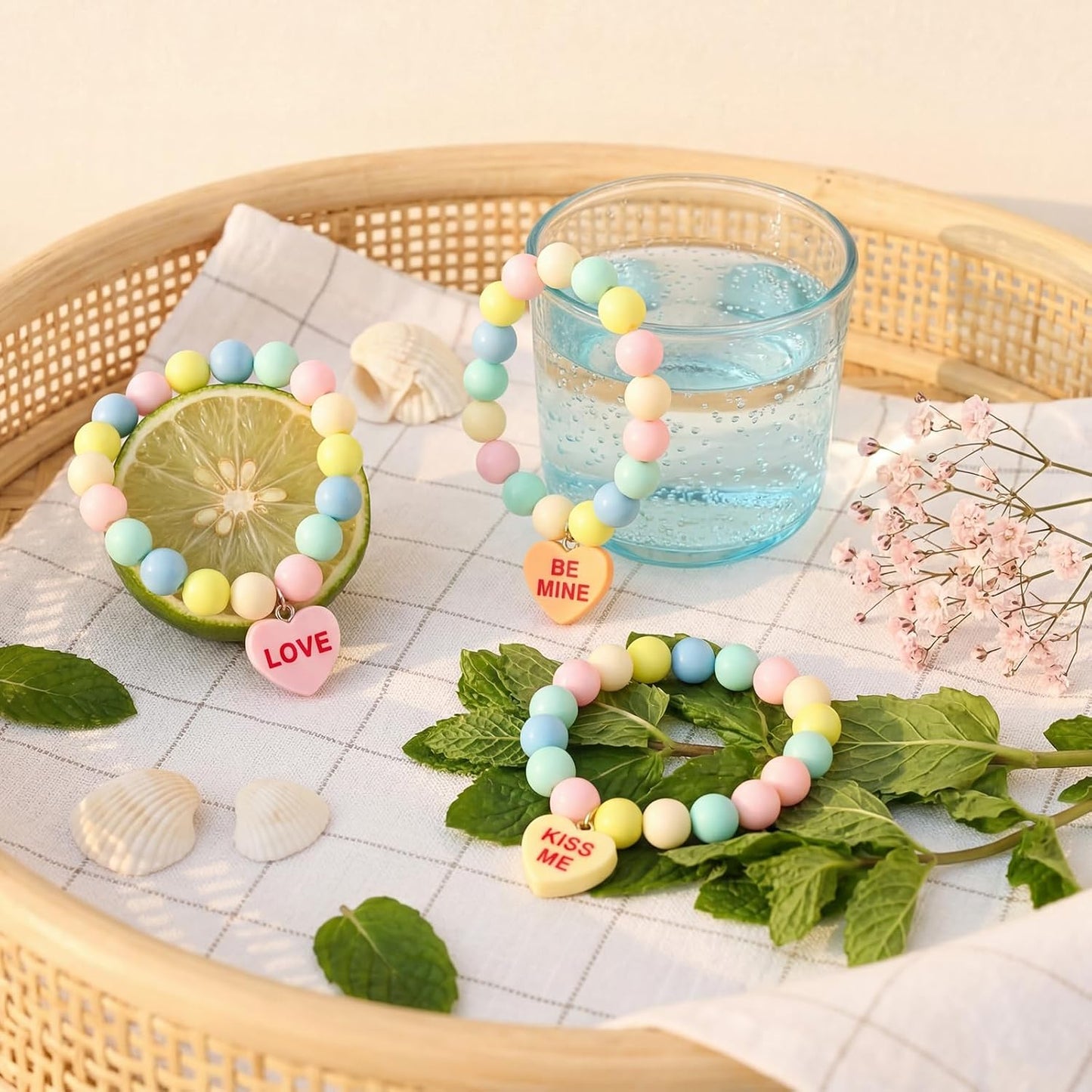 Huquary Happy Birthday Candy Bracelets Bulk Summer Candy Heart Bracelet Gift Plastic Beads Jewelry Love Heart Charm for Birthday Gift Exchange Party Favors BST326L