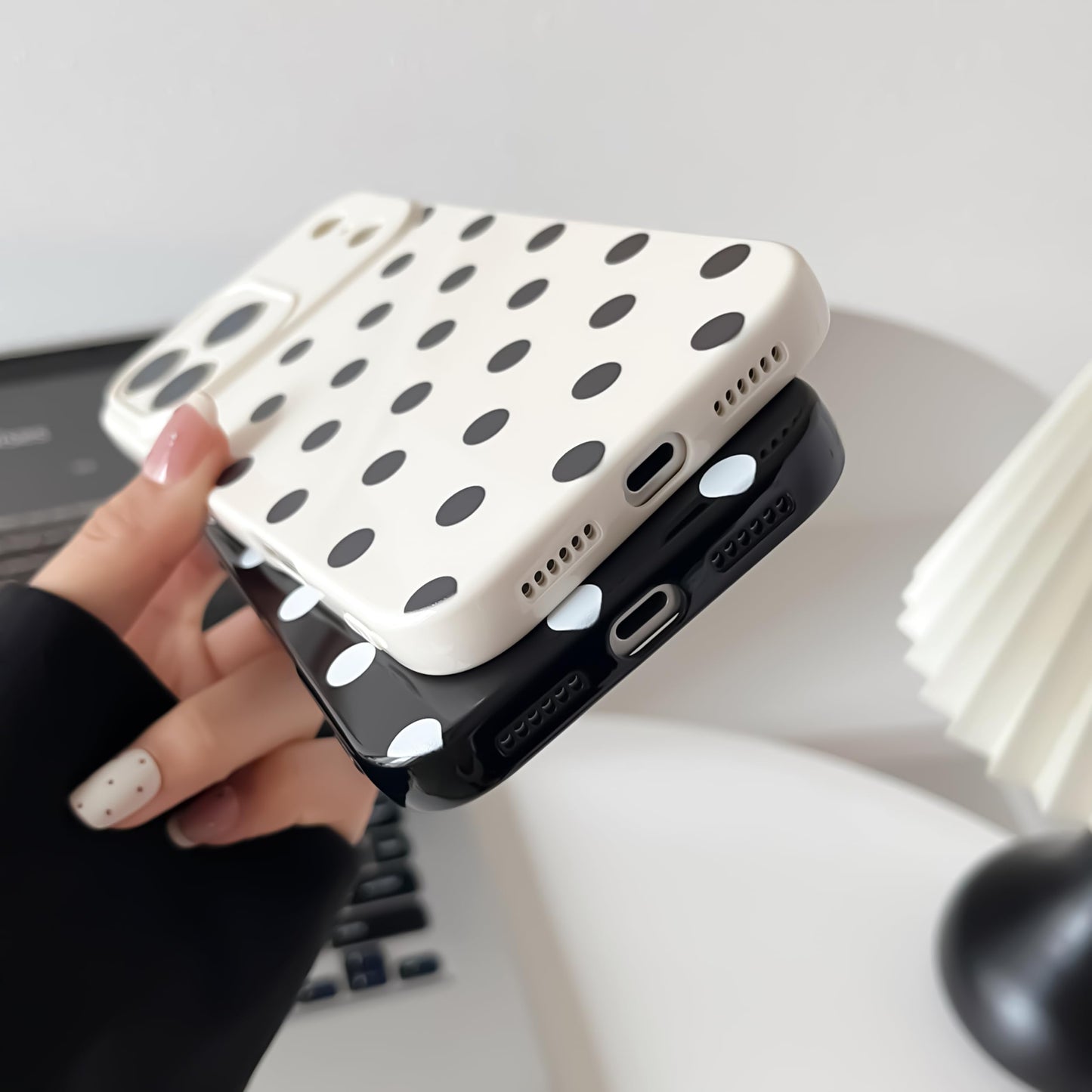 Skyseaco Compatible with iPhone 15 Case Cute Polka Dot Phone Case Soft Slim TPU Shockproof Phone Cover Full Camera Protection for Women Girls - Black WN420