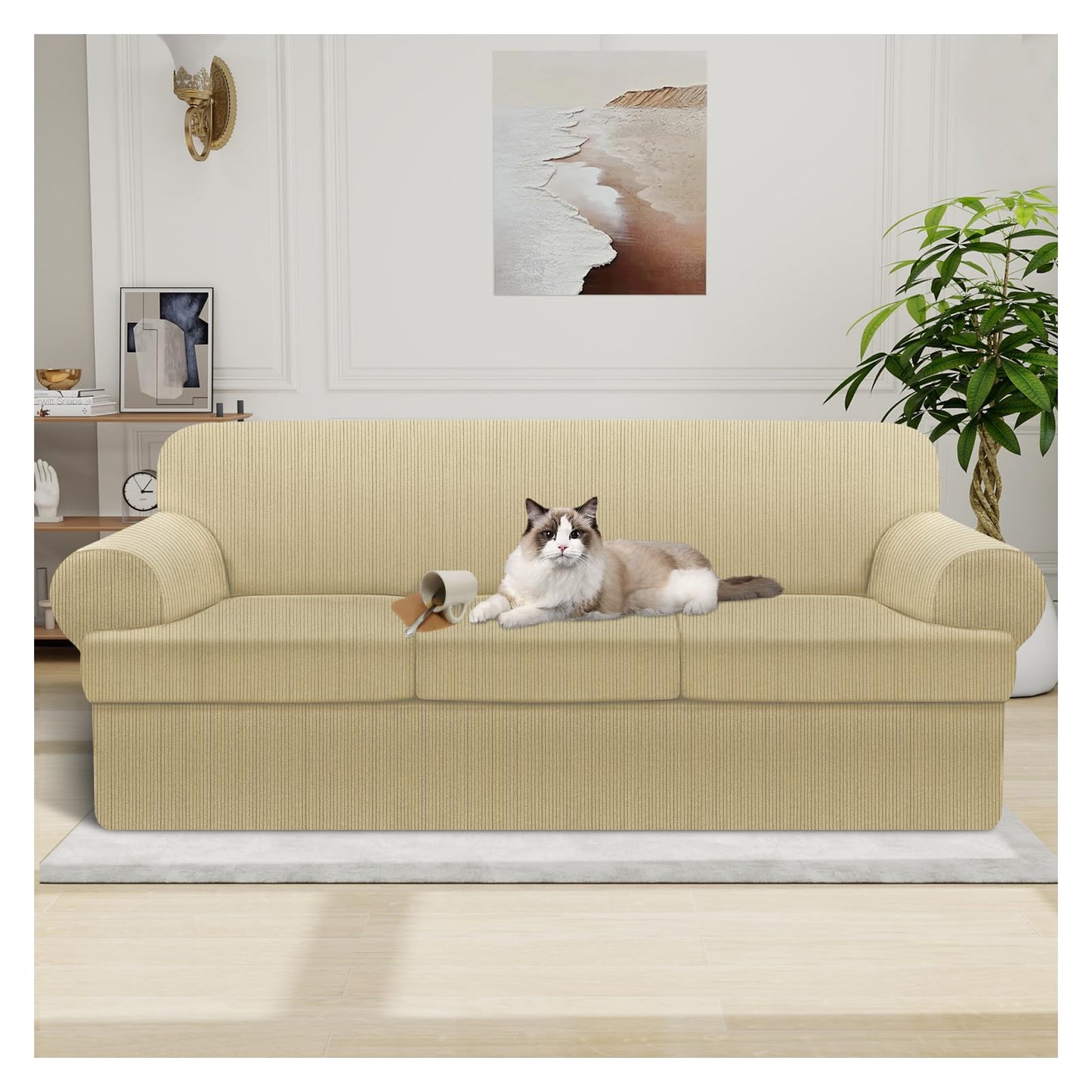 Waterproof Chair Cover with Arms 2-Piece Set Striped Slipcover for 1 Separate T Cushion Couch - TPU Fabric Armchair Covers Leakproof Couch Protector for Kids, Pets(Chair, Beige) BST220