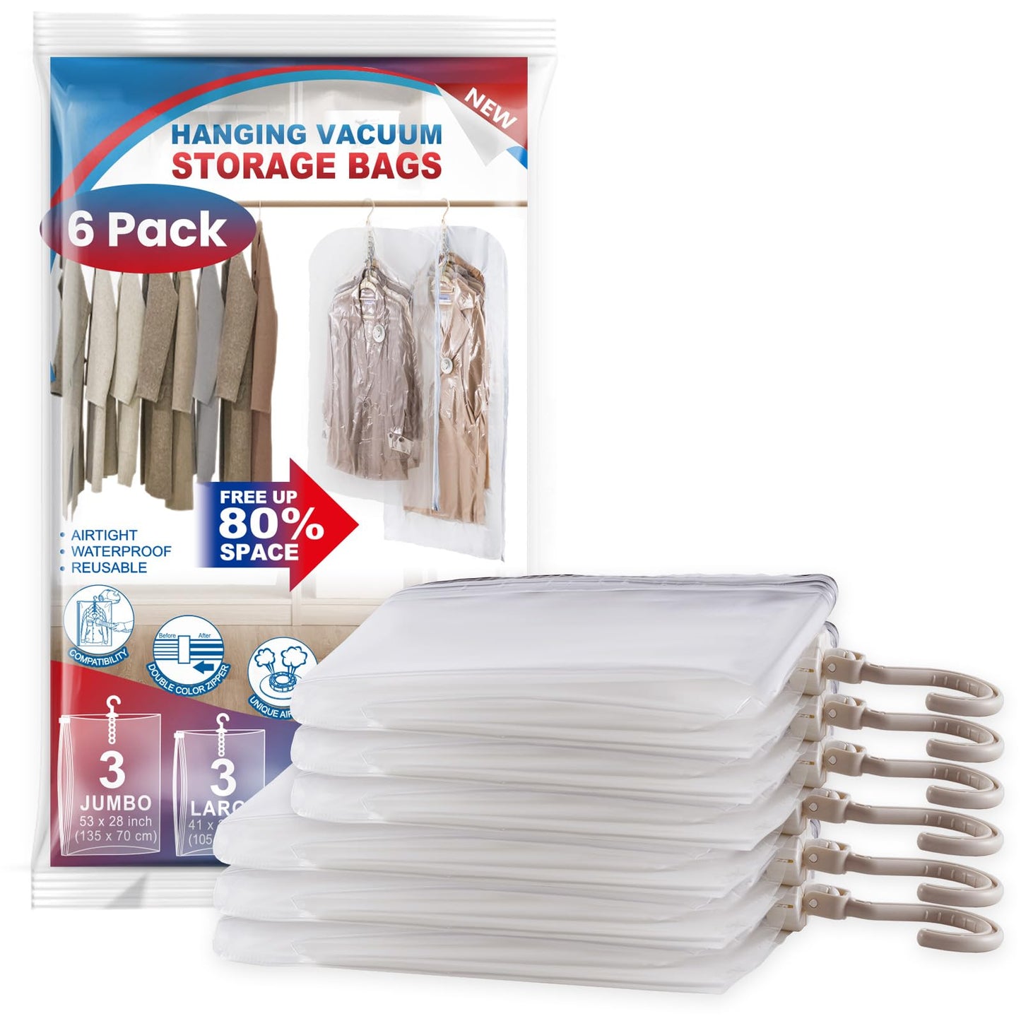 Hanging Vacuum Storage Bags, 6 Pack Hanging Storage Bags for Clothes With Electric Pump N27