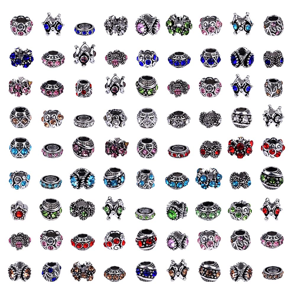 60 Pieces Assorted European Beads with Plating Silver Metal Alloy Rhinestone Large Hole Spacer Beads for DIY Charm Bracelet Jewelry Making (Blue) BST220