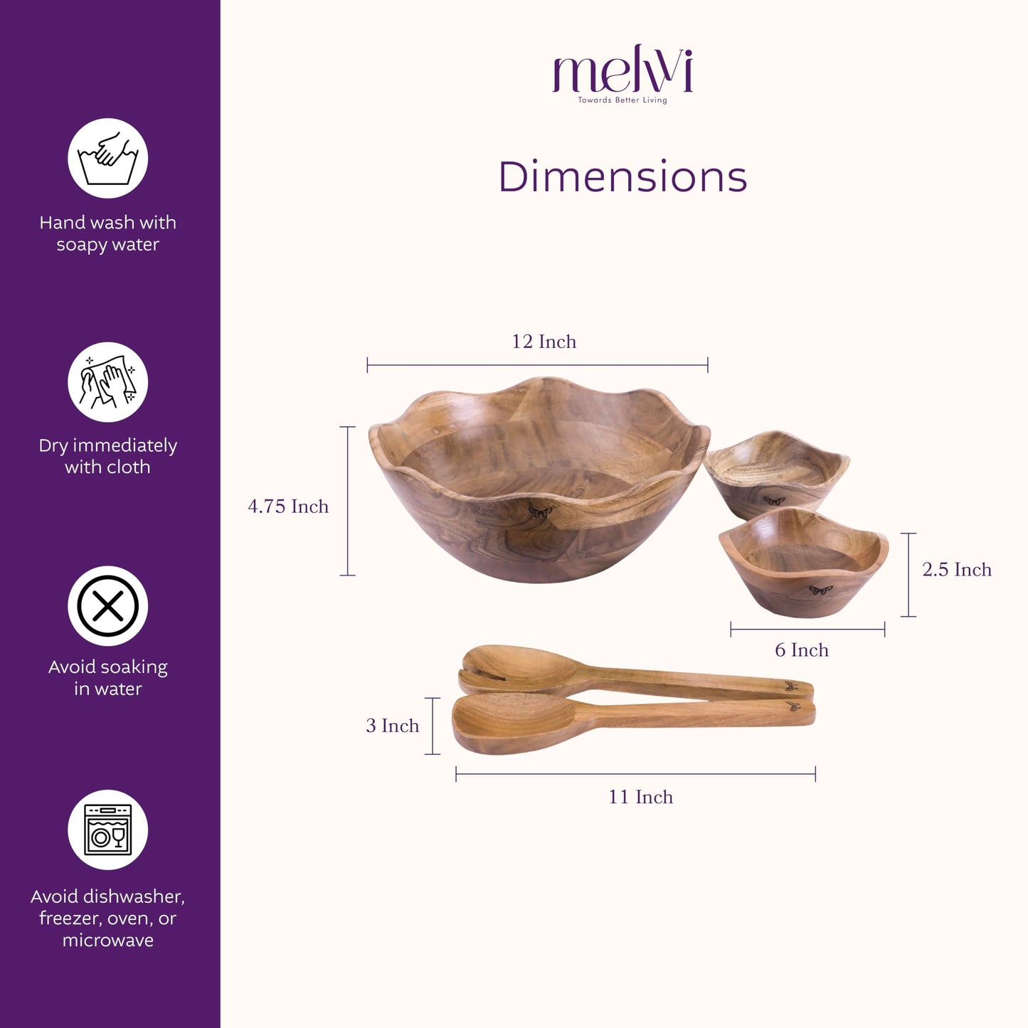 Melvvi Large Wooden Salad Bowl Set with 2 Serving Utensils | 12" Acacia Wood Bowls for Food | Great Mothers Day gift (Natural Set of 3) BST220
