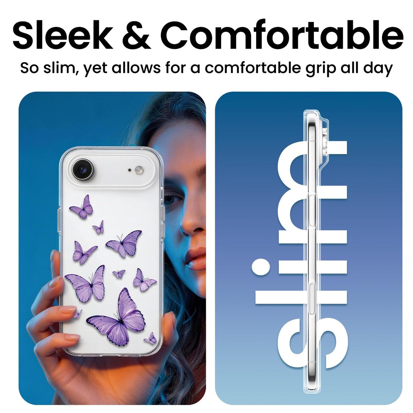 Cute Girly Crystal Clear Case Compatible with iPhone 16 Pro, Camera Control & Shockproof Protection Floral Case for Women, Blue Butterflies WN420