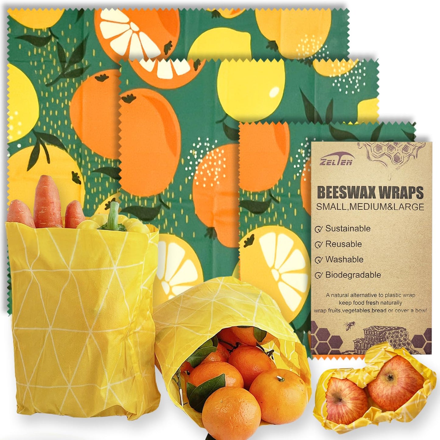 Beeswax Reusable Food Wraps - (6 Packs, 3 Sizes S,M,L, with 2 Meter Hemp Rope, Two Buttons) Plastic and Silicone Free, Eco-friendly Wrap, Wax Paper for Food,Flower BST220