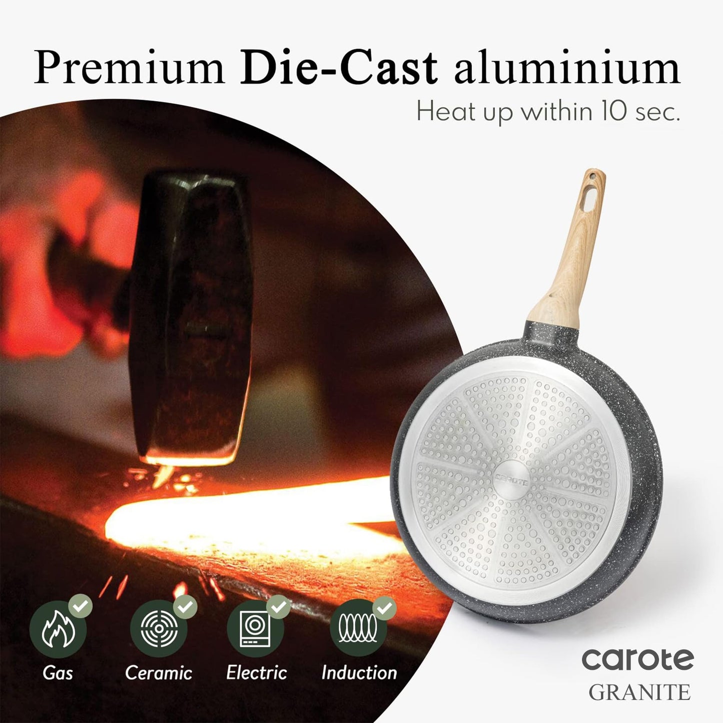 CAROTE Non Stick Frying Pan, 12 Inch Cream White Skillet with Glass Lid | Non Toxic Kitchen Healthy Cookware, Compatible with All Stovetop, Easy to Clean, PFOA Free BST202