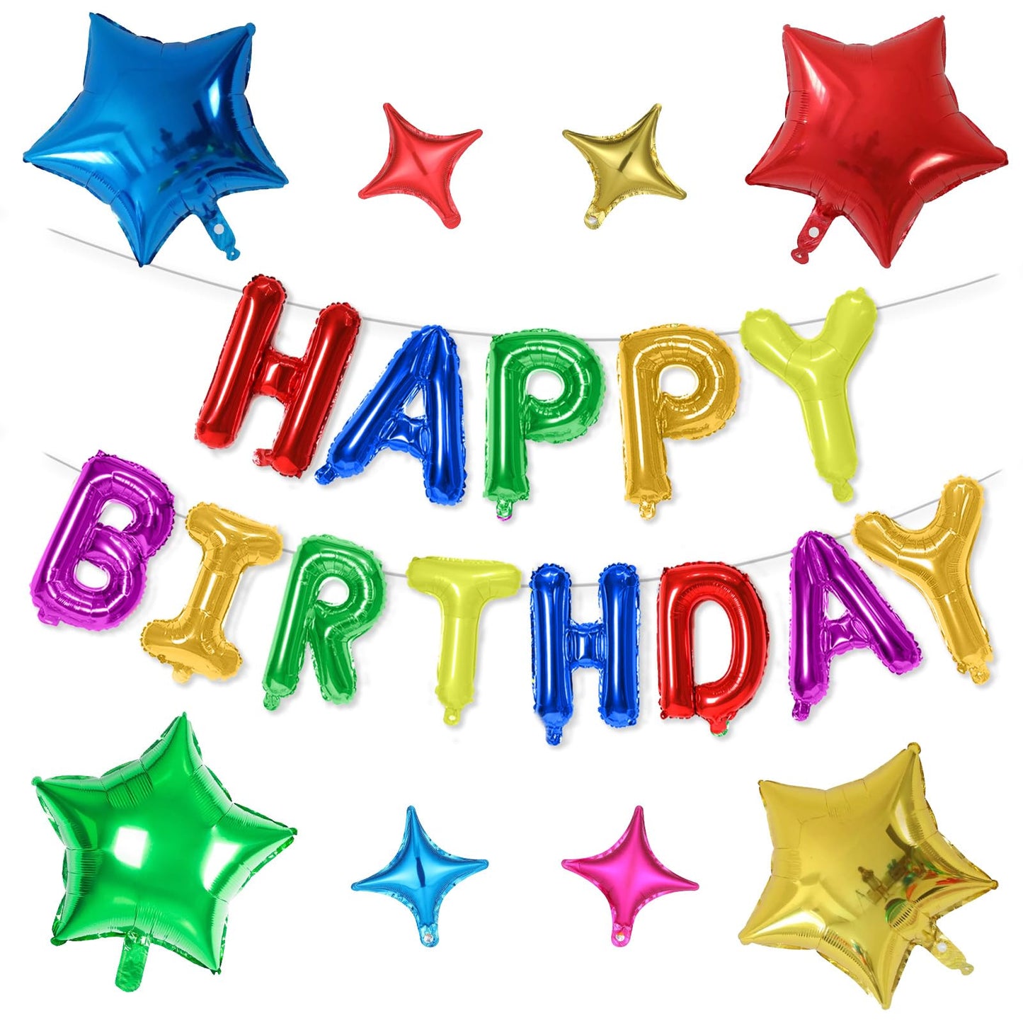 Happy Birthday Balloons Banner, Rainbow Happy Birthday Foil Balloons 16 Inch Foil Letter Balloon with 8 Pcs Gradient Blue Pink Star Balloon for Women Men Boys Girls Birthday Party Decoration WN420