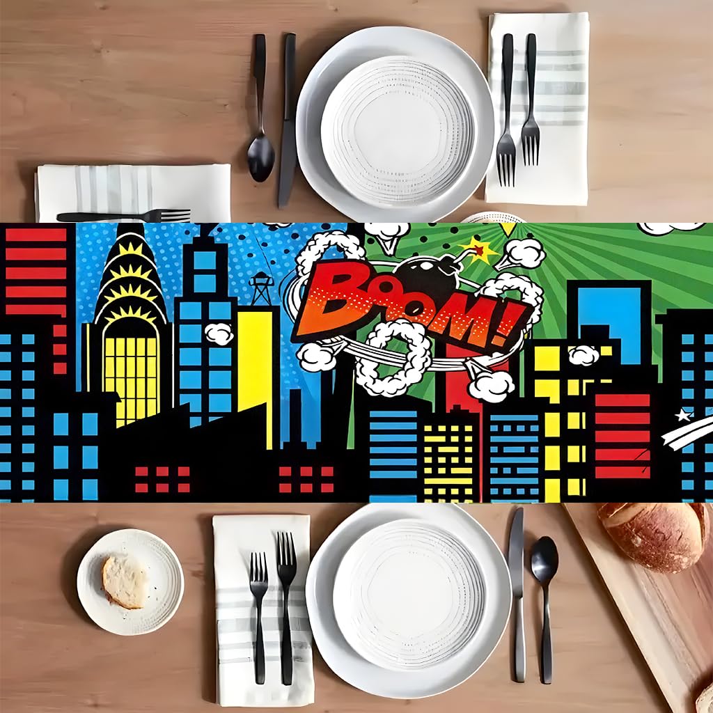 JCJT Extra Long Superhero Party Table Runner 90 Inches (Approx), Comic Book Theme Decorations, Pop Art Retro Style for Candy Buffet Table, Boys Birthday Event Supplies, 14 x 90 Inch BST220
