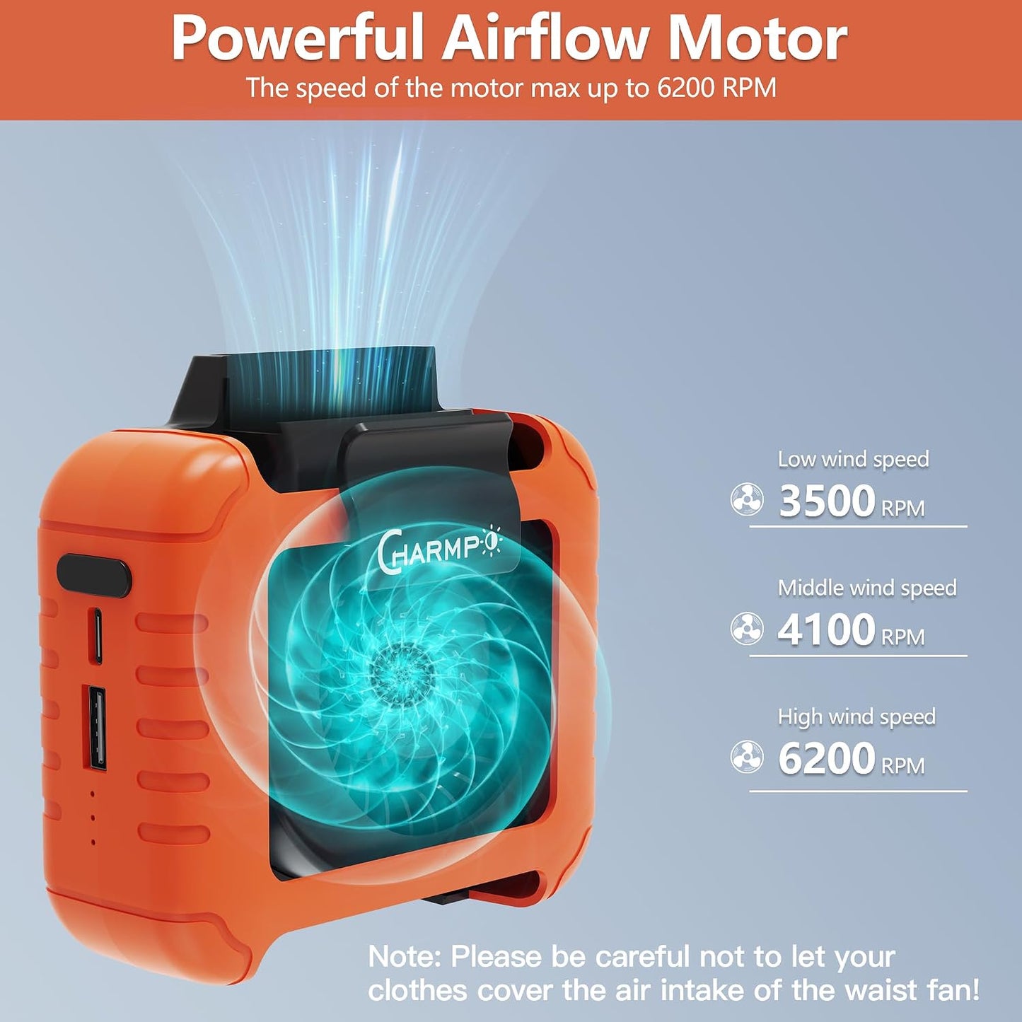 Portable Waist Fan - 6000mAh Battery, 3 Speeds, Strong Airflow, Up to 16 Hours Working Time, Portable Hands-Free Cooling Belt Clip Fan for Construction Workers, Couriers, and Campers BST202