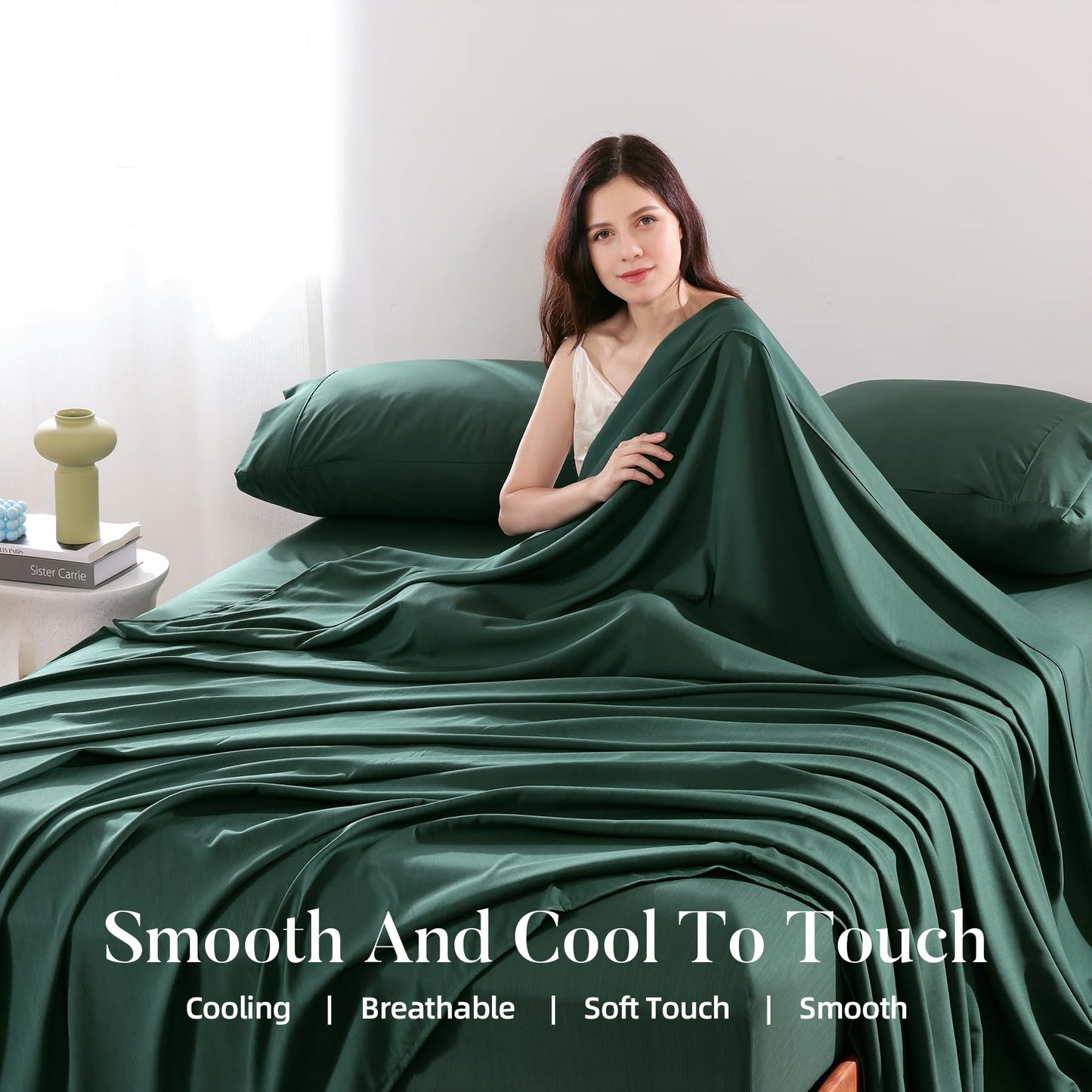 4 Piece Twin Size Sheet - Cooling Bed Sheets Set, Blend Rayon Derived from Bamboo, Breathable Soft Hotel Luxury Bedding & Pillowcases, Silky Fit 16 inch Extra Deep Pocket, Oeko-Tex - Olive Green BST326H