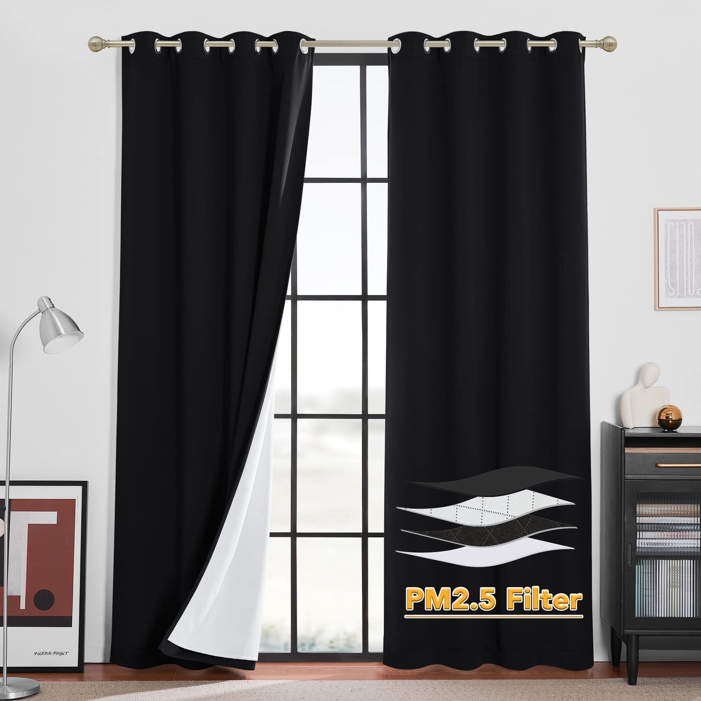 RYB HOME 4-in-1 Dust Filtering Soundproof Blackout Insulating Privacy Window Curtains for Nursery Bedroom Living Room Rivider Sound Absorption Sheet, Black, W52 x L90 inch, 2 Panels BST220