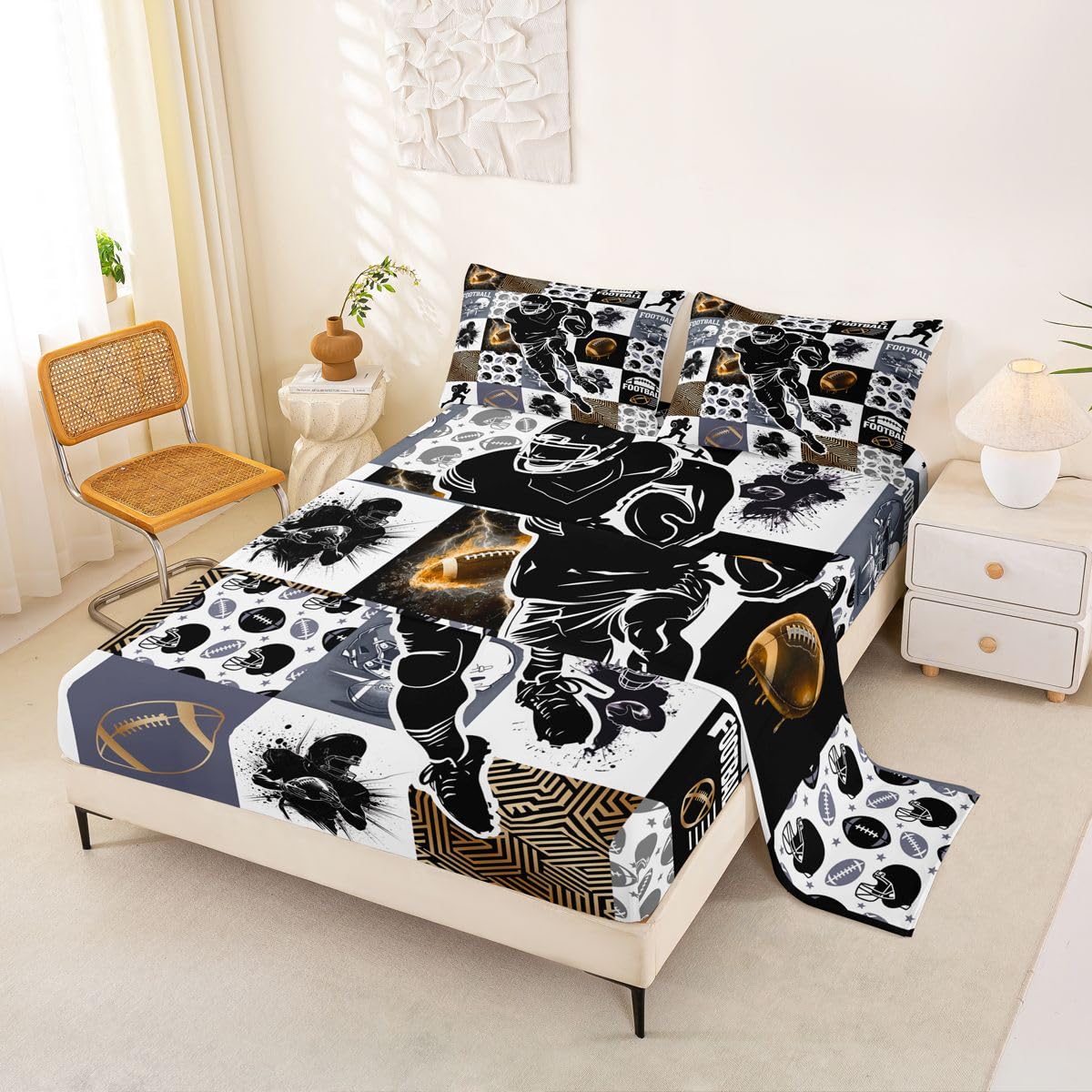 Erosebridal Gridiron Sheet Set Sports Ball Game Sheets Twin for Boys Girls Rugby Competition Game Bed Sheets Set, Football Themed Bedding Set with 1 Pillowcase BST326H