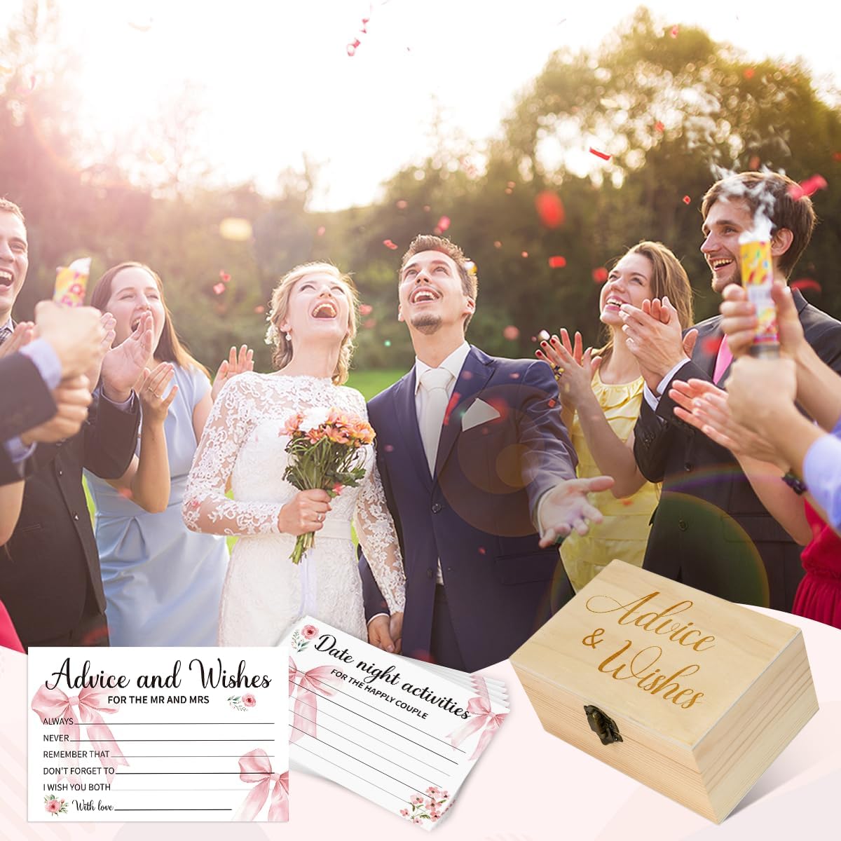 50Pcs Wedding Pink Bow Advice and Wishes Cards Box for The Mr and Mrs Wedding Bridal Shower Engagement Party Games Decorations for Reception BST202