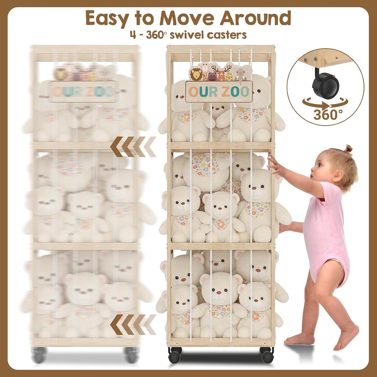 Stuffed Animal Zoo Storage with Wheels, Mobile Wooden Toy Organizer Cage with Elastic Band, Easy Assembly Large Capacity for Nursery Playroom Bedroom BST326H