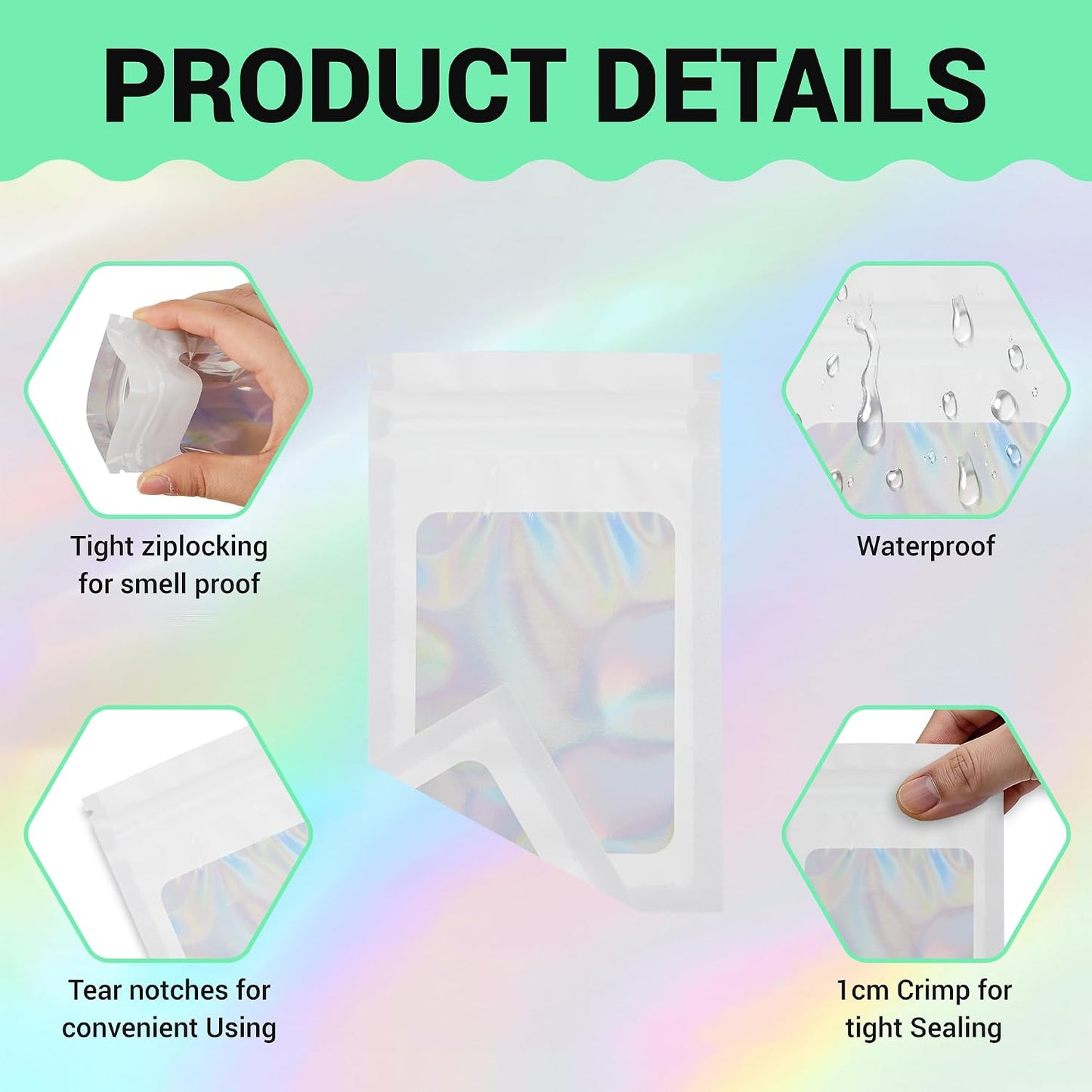 Holographic Mylar bags -100Pcs Self-Seal Resealable Zip Baggies with Clear Window, Smell Proof Laser Iridescent White 3x4.7 inch for Small Business Samples, Party favors,Snacks,Jewelry BST326L