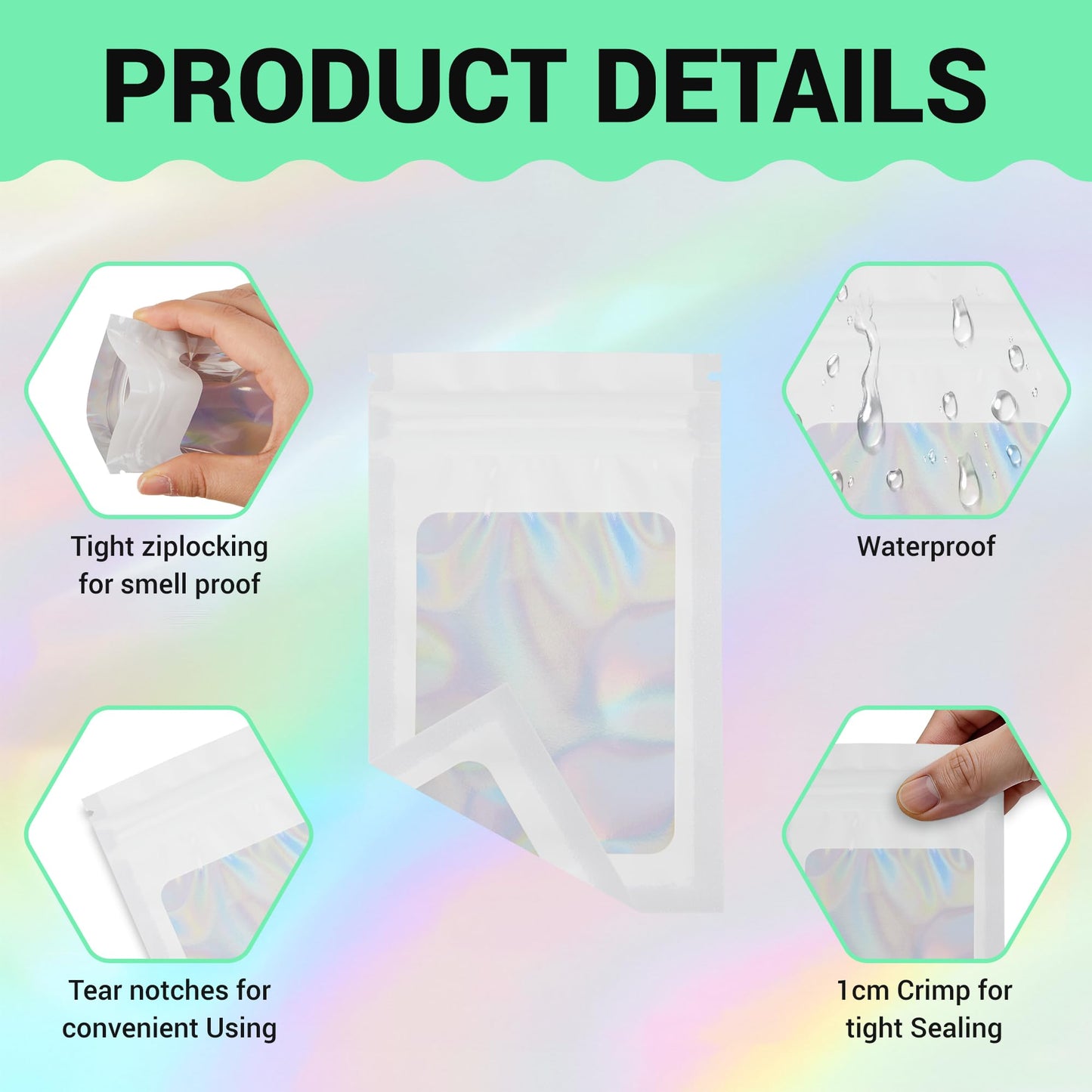 Holographic Mylar bags -100Pcs Self-Seal Resealable Zip Baggies with Clear Window, Smell Proof Laser Iridescent White 3x4.7 inch for Small Business Samples, Party favors,Snacks,Jewelry BST326L