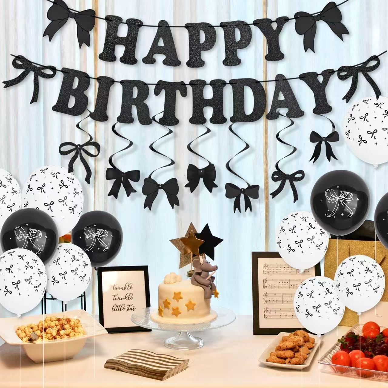 Black Bow Birthday Decorations Set - Coquette Theme Party Supplies with Happy Birthday Banner Garland, Hanging Swirls, Bow Balloons for Women Black Party Decorations Supplies (black) BST326L