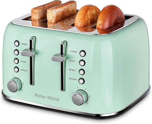 Roter Mond Toaster 4 Slice Retro Stainless Steel with Extra Wide Slots Bagel 102