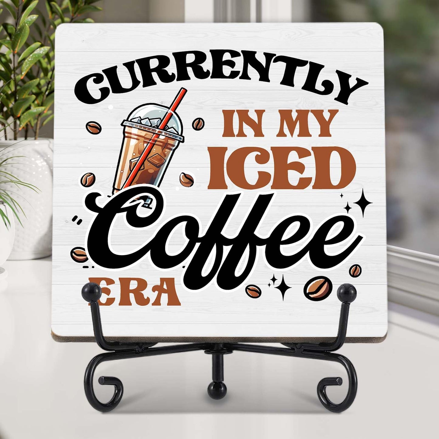 Coffee Bar Decor, Farmhouse Kitchen Table Decor, Coffee Station Accessories, Wooden Decorative Sign with Iron Stand for Table Desk Shelf Display-E21 BST220