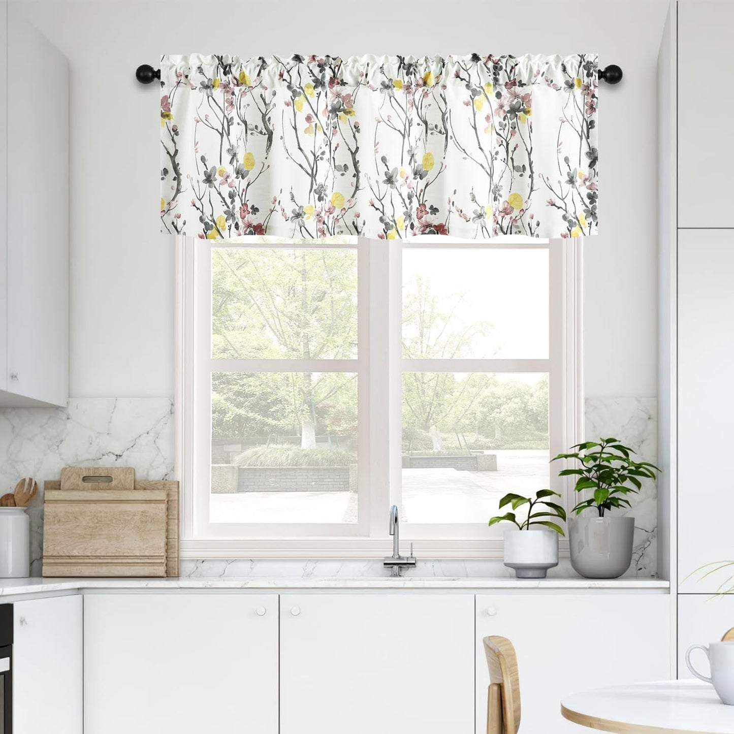 Leeva Farmhouse Kitchen Valances for Windows, Watercolor Blossoming Floral Print Curtains, Soft Faux Linen Curtain Toppers and Valances for Bedroom, 60 x 14 Inch, Brown & Grey, 1 Panel BST220