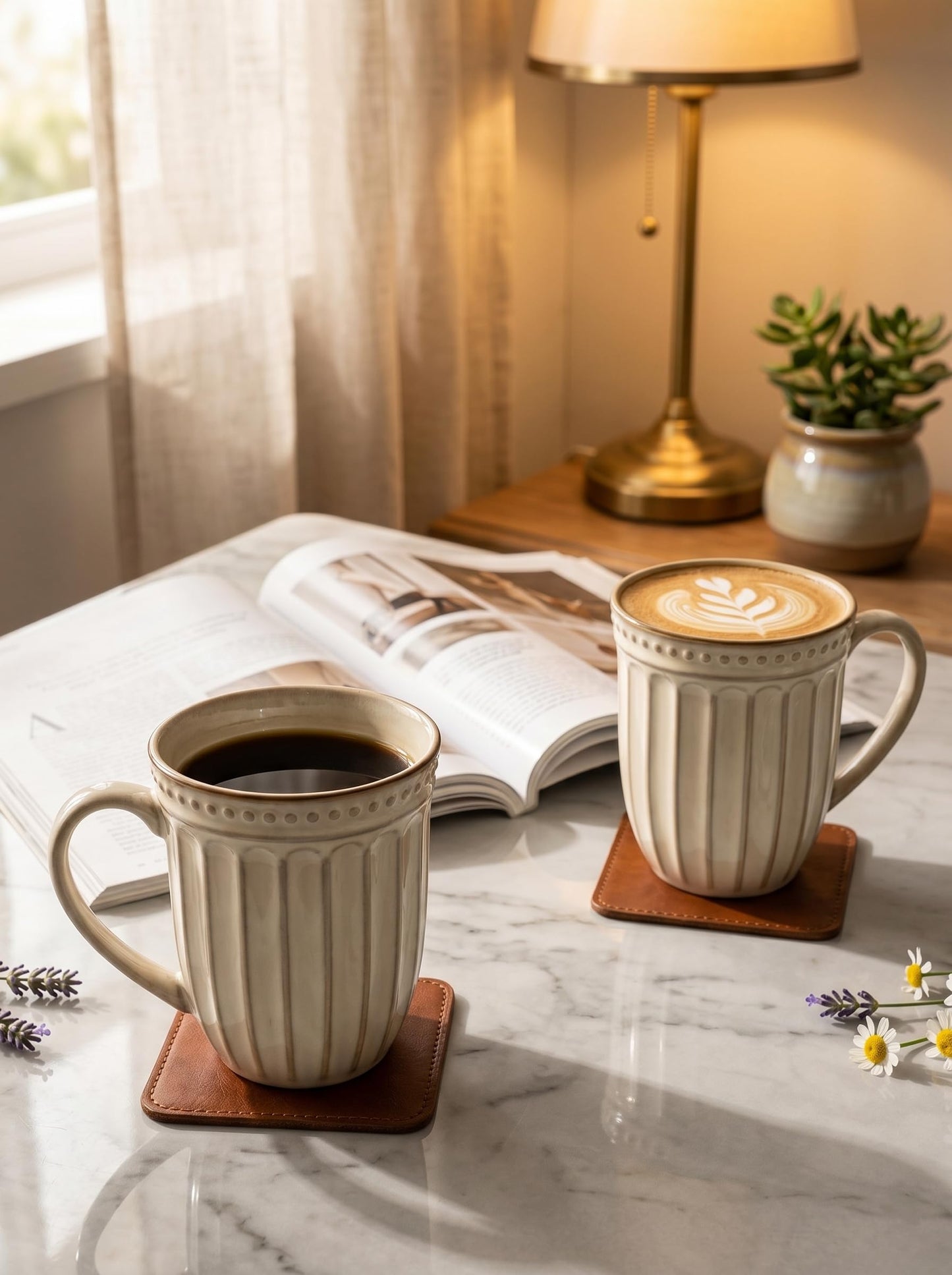 HASENSE Textured Large Coffee Mugs Set of 4, 16 Oz Ribbed Ceramic Cups with Large Handle for Latte Tea Cappuccino, Stackable Embossed Mug Set for Mom Dad, Microwave Dishwasher Safe, Creamy White BST220