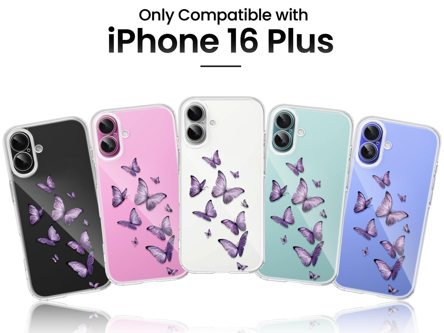 Cute Girly Crystal Clear Case Compatible with iPhone 16 Pro, Camera Control & Shockproof Protection Floral Case for Women, Blue Butterflies WN420