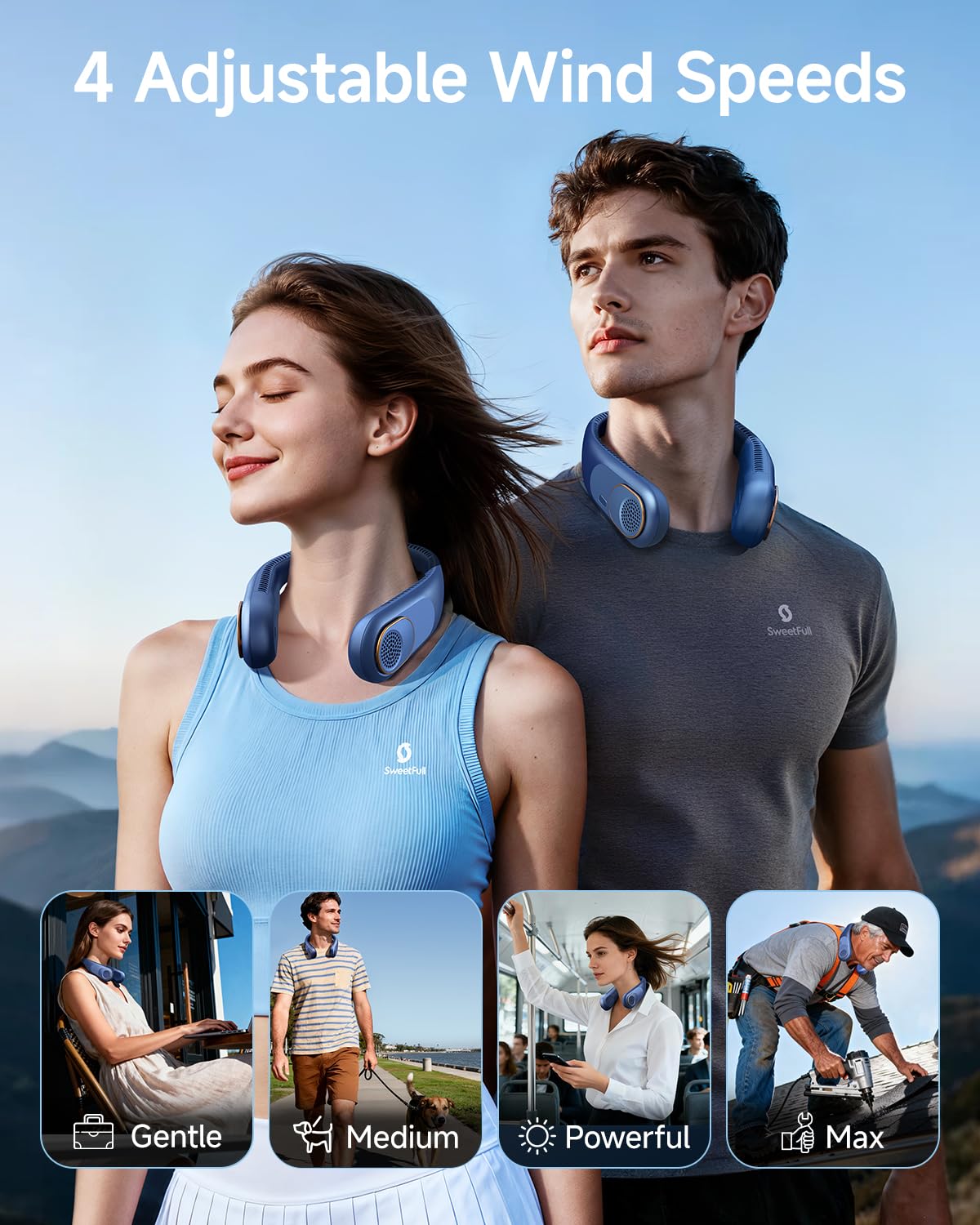 SWEETFULL Portable Neck Fan: 5200mAh Bladeless Personal Fan | 4 Speeds, 20H Max Runtime, No Hair Twist Quiet Wearable Fan for Travel | Birthday Gifts for Men Women Mom Dad