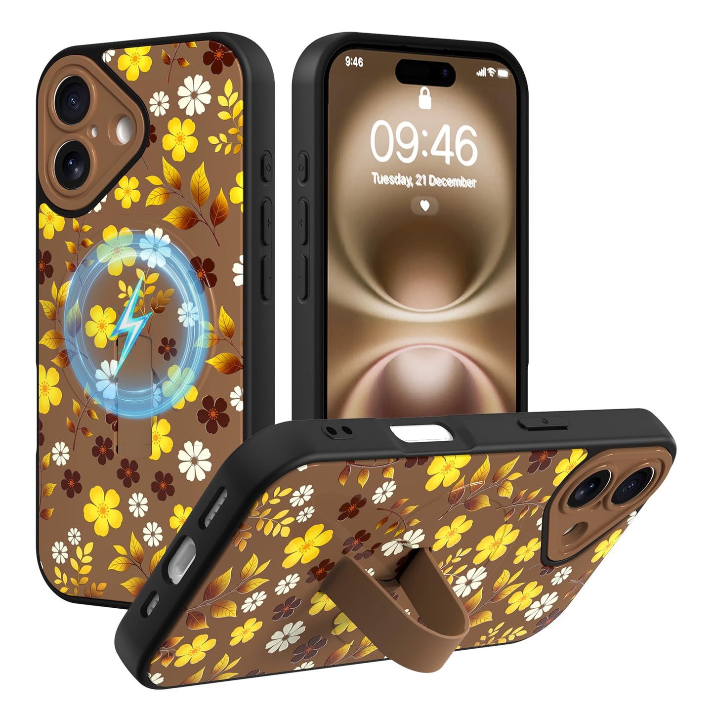 Compatible with iPhone 13 Case, Cute Cheetah Leopard Pattern | Built in Adjustable Wrist Strap Grip Hand Holder Stand Shockproof Kickstand Cover for Women Girls (Black White) WN420