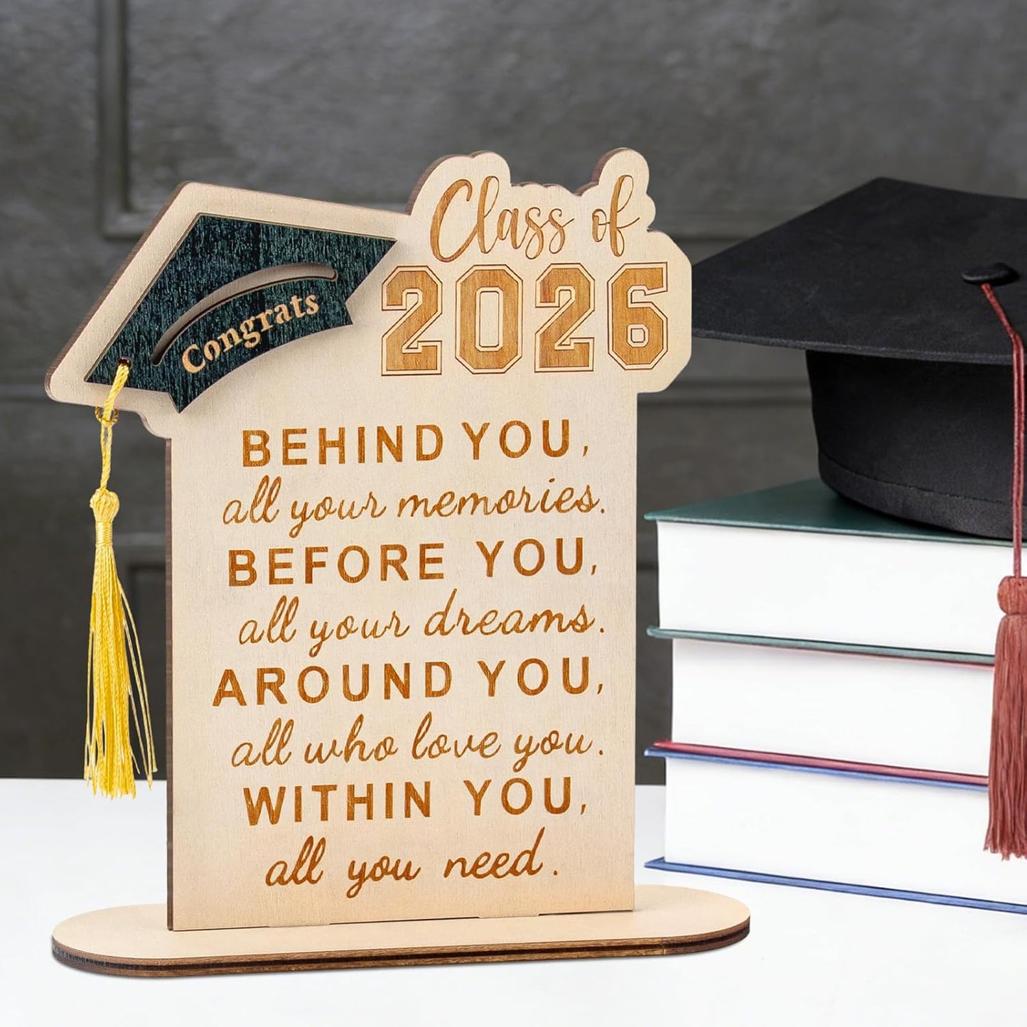 Graduation Decorations, Graduation Gifts for Class of 2026 | Graduation Quote Wood Sign Desk Decor, Positive Behind You All Your Memories Wood Plaque with Stand Desk Decoration Grad Gift WN420