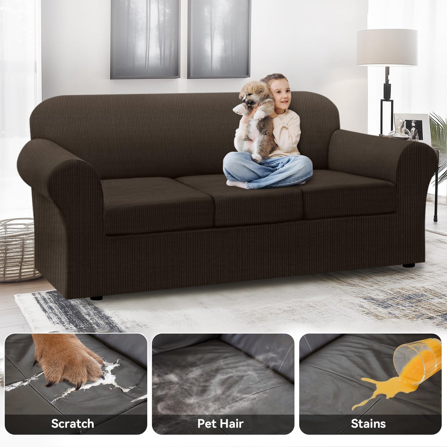 Waterproof Chair Cover with Arms 2-Piece Set Striped Slipcover for 1 Separate T Cushion Couch - TPU Fabric Armchair Covers Leakproof Couch Protector for Kids, Pets(Chair, Beige) BST220