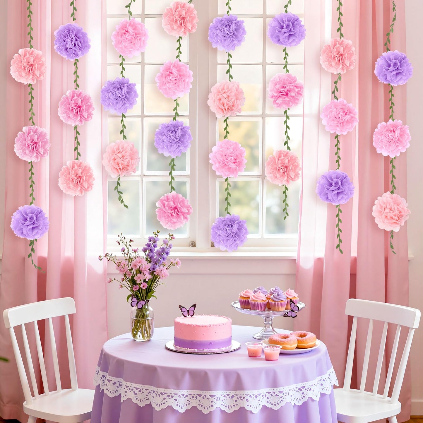 kreat4joy 4pack Pink Purple Tissue Paper Pom Poms Flowers Garland Leaf Ribbon 98.42inches Pre-Strung Reusable Ceiling for Birthday Baby Shower Wedding Bridal Shower Home Event Wall Party Decoration BST220