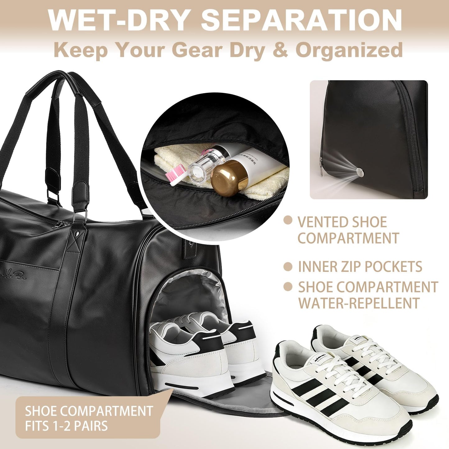 Large 4-in-1 Leather Duffle Bag for Travel Weekender Overnight Hospital Gym Bag for Men & Women, Carry On Airline Approved Personal Item Duffel Garment Bag Luggage with Shoe Compartment & Toiletry Bag BST326H