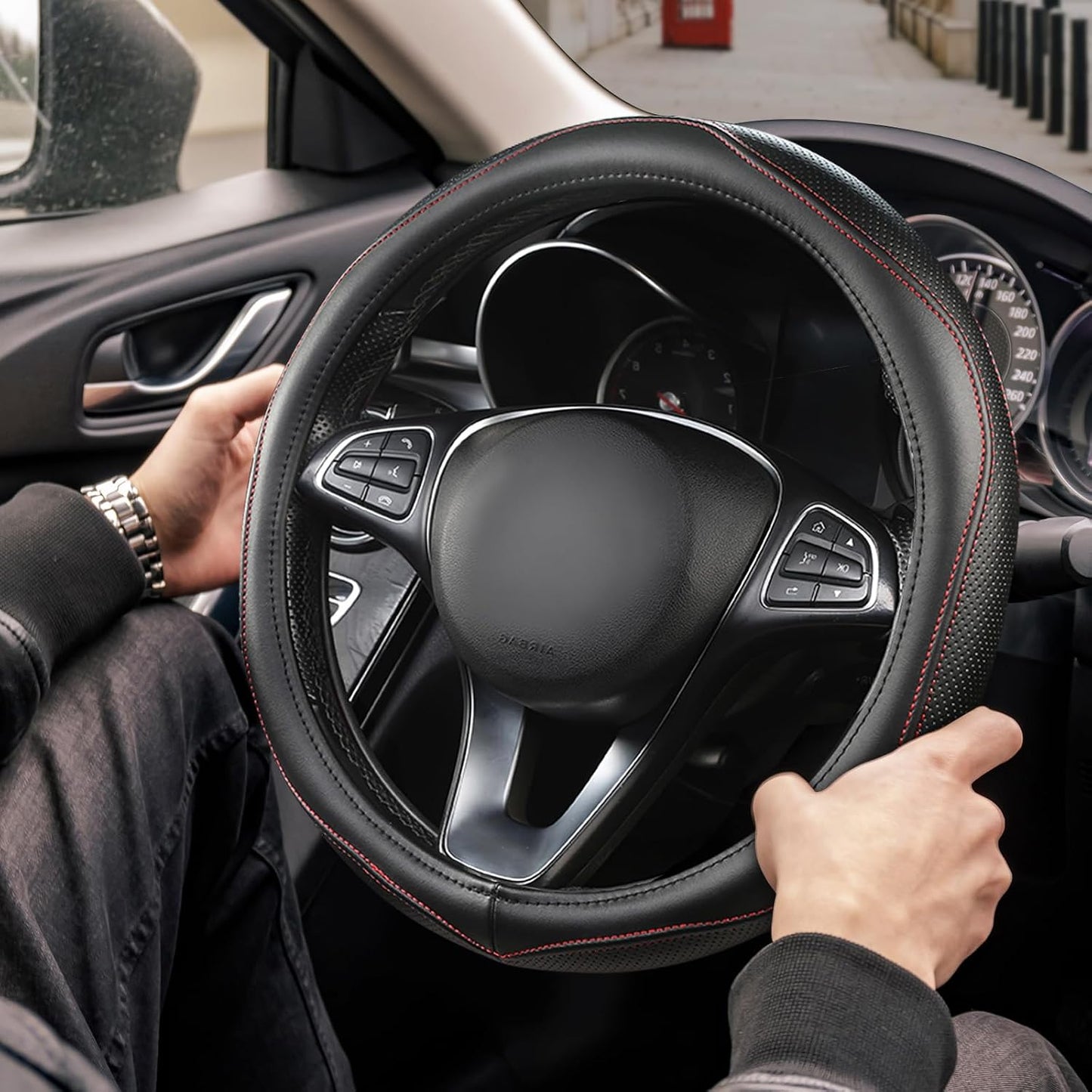 High-Grade Real Cowhide Steering Wheel Cover for Men Women，Black Genuine Leather Steering Wheel Cover for Cars,Universal 14.5-15 inch Steering Wheels WN420