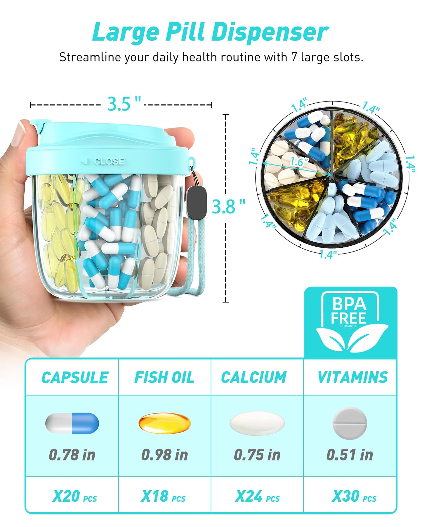 Cute Pill Organizer,Pill Dispenser with 7 Large Compartments,Portable Pill Bottle Box with Wide Opening for Easy Use, Anti-Mix Pills Organizer for Travel,Includes 20 Pcs Sticky Labels(Black) WN420