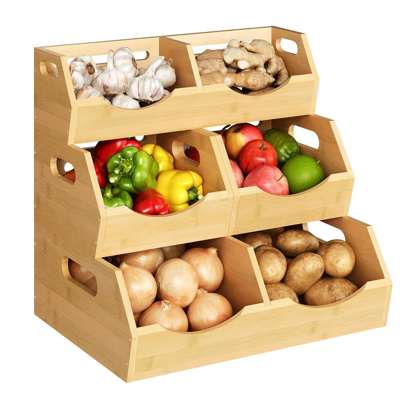 Onion Storage Bins Potato, 3 Tier Bamboo Pantry Storage Bin Stackable Ventilated Kitchen Organizer N3233