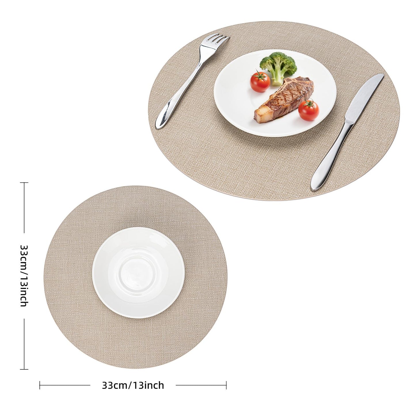 Faux Leather Placemats Set of 6, Wipeable Waterproof Stain Resistant Table Mats, Heat Resistant Thick Placemats with Hand-Painted Edges for Kitchen Dining, Imitative Linen Texture, Various Shapes BST326H