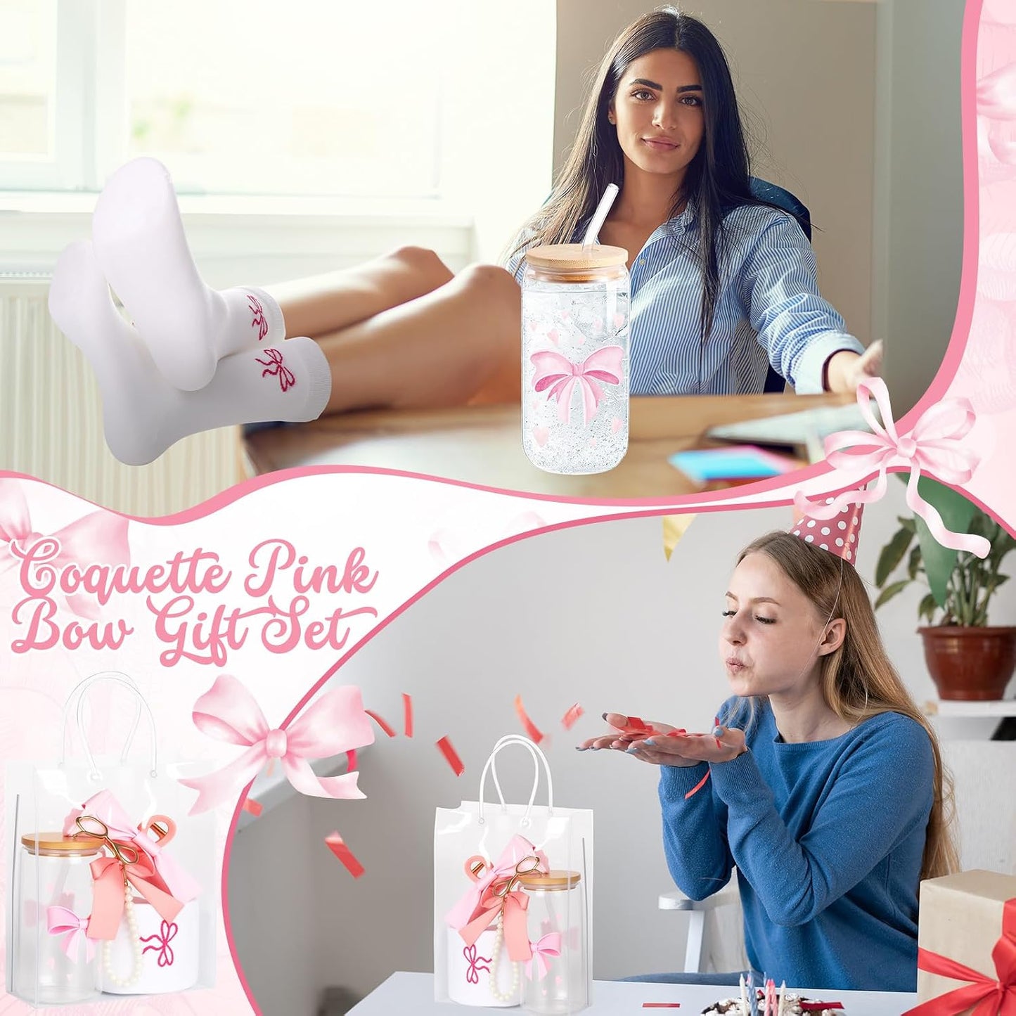 5 Pcs Mother's Day Pink Bow Gift Set with Cute Bow Keychain, Aesthetic Cup, Socks, Clear Gift Bag, Bows Claw Clips Coquette Stuff for Girls Women Friends Birthday BST326H