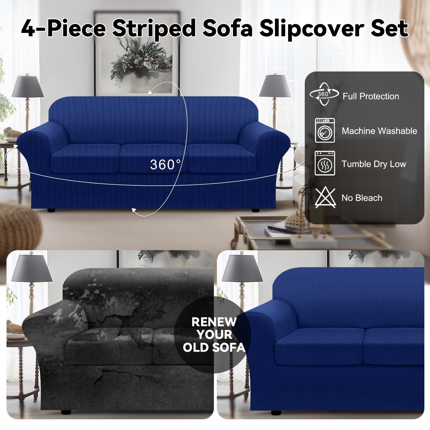 Waterproof Chair Cover with Arms 2-Piece Set Striped Slipcover for 1 Separate T Cushion Couch - TPU Fabric Armchair Covers Leakproof Couch Protector for Kids, Pets(Chair, Beige) BST220