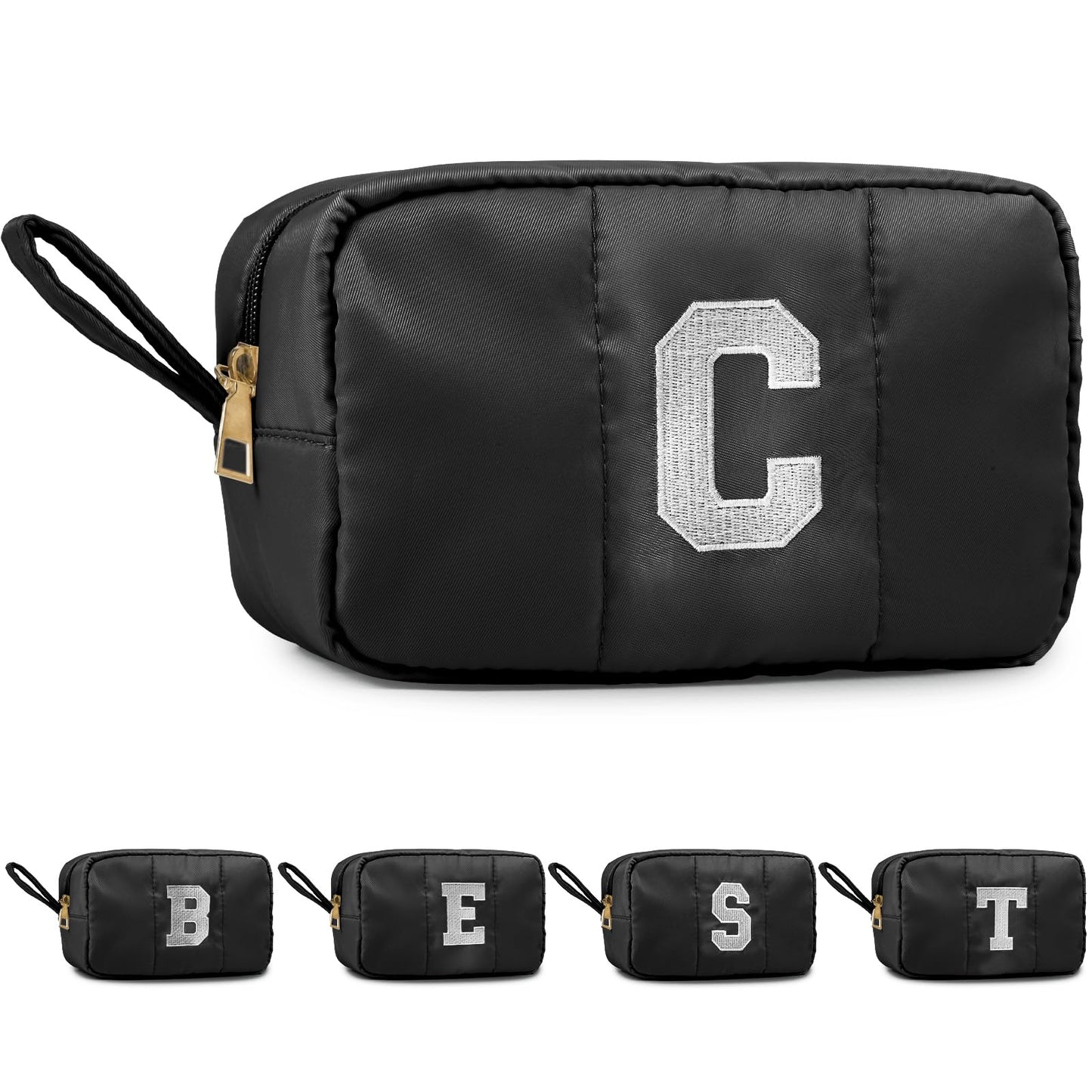 Puffy Makeup Bag for Women,Initial Cosmetic Bag,Cute Travel Toiletry Bag,Puffer Make Up Organizer Bags with Compartments,Personalized Gifts for Girlfriend Bridesmaid Teacher Graduation (Khaki gray, E) BST202