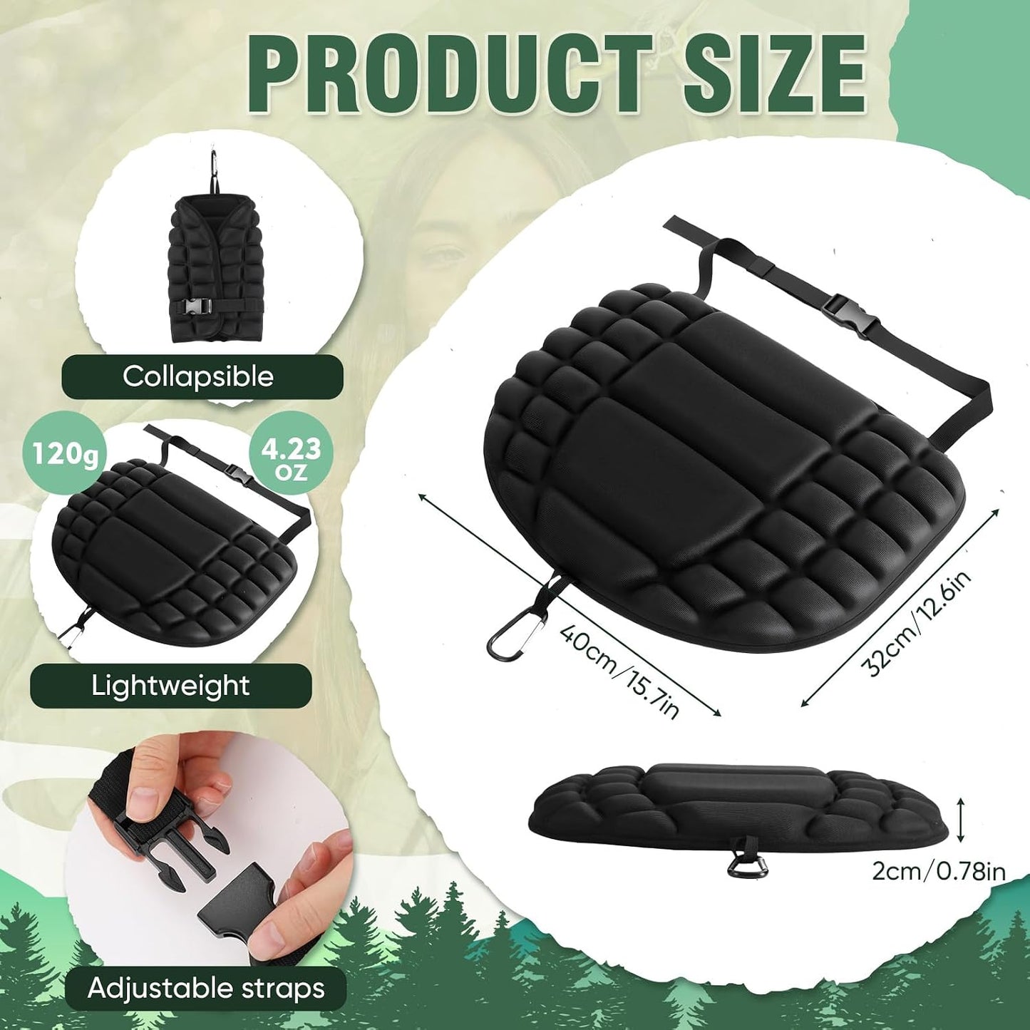 AceOrbit 1 Pcs Portable Hunting Seat Cushion 16.5x11.8 Inches Memory Foam Stadium Stand Seat Cushion with Adjustable Strap Hook Waterproof Lightweight Pad for Outdoor Kayak Bleacher WN420