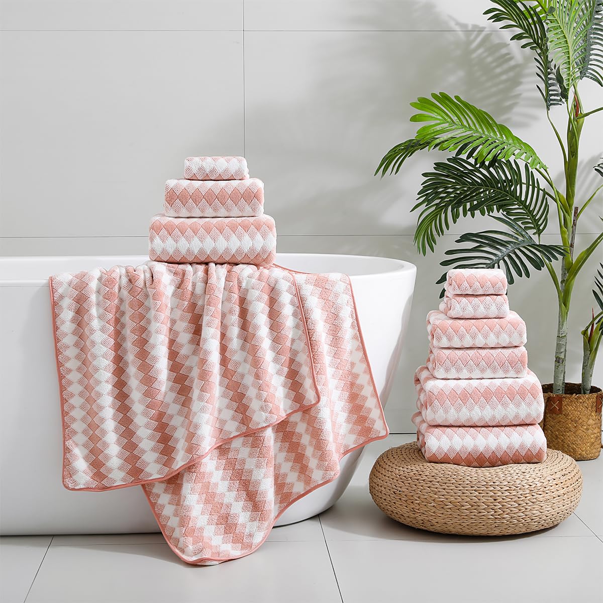 12 Pcs Light Gray Diamond Towel Set-4 Bath Towels,4 Hand Towels,4 Washcloths Soft Polyester Towels with Loop Absorbent Shower Towel Quick Dry Beach Chair Towel Family Towels for Bathroom Spa Gym Pool BST220