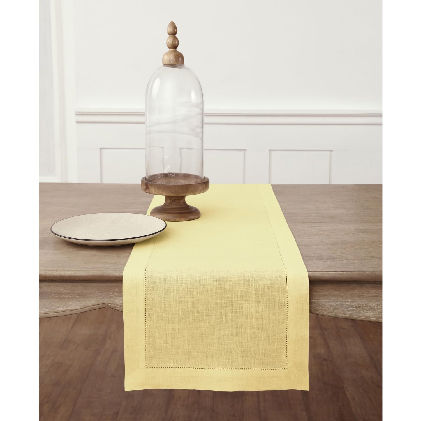 Solino Home 100% Pure Linen Table Runner Garden Green Hemstitch, 14 x 48 in | Classic Hemstitch Table Runners for dining, hallway and console table styling | hand hemstitched borders | OEKO-TEX Certified BST326SOLH